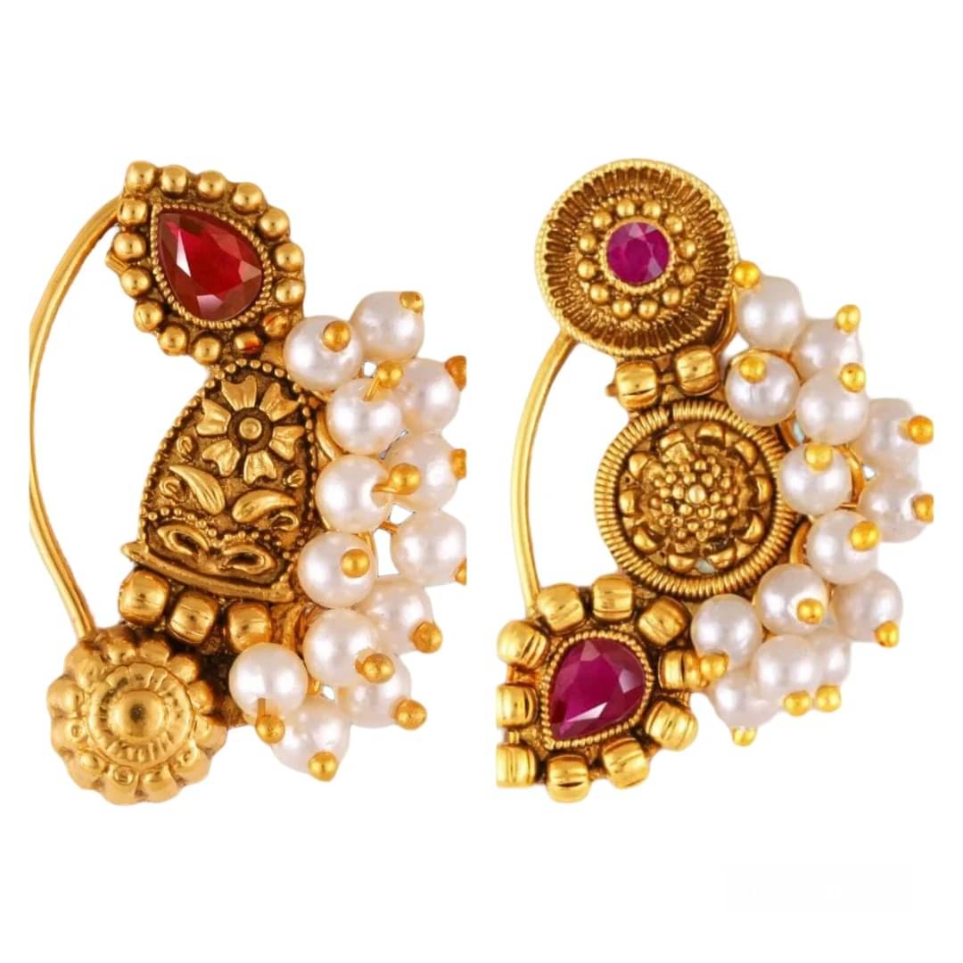 Vivastri"s Premium & Unique Pearl Beaded White Moti Studded Gold Plated Alloy Colourfull Nosepin For Women & Girls-VIVA1168-1176NTH-Press-Red Vivastri"s Premium & Unique Pearl Beaded White Moti Studded Gold Plated Alloy Colourfull Nosepin For Women & Girls-VIVA1168-1176NTH-Press-Red