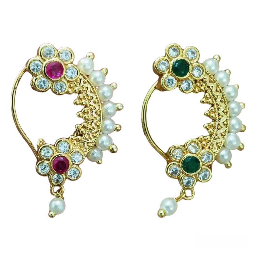 Vivastri"s Premium & Unique Pearl Beaded White Moti Studded Gold Plated Alloy Colourfull Nosepin For Women & Girls-VIVA1300NTH-CMB-Red-Green     			Vivastri"s Premium & Unique Pearl Beaded White Moti Studded Gold Plated Alloy Colourfull Nosepin For Women & Girls-VIVA1300NTH-CMB-Red-Green