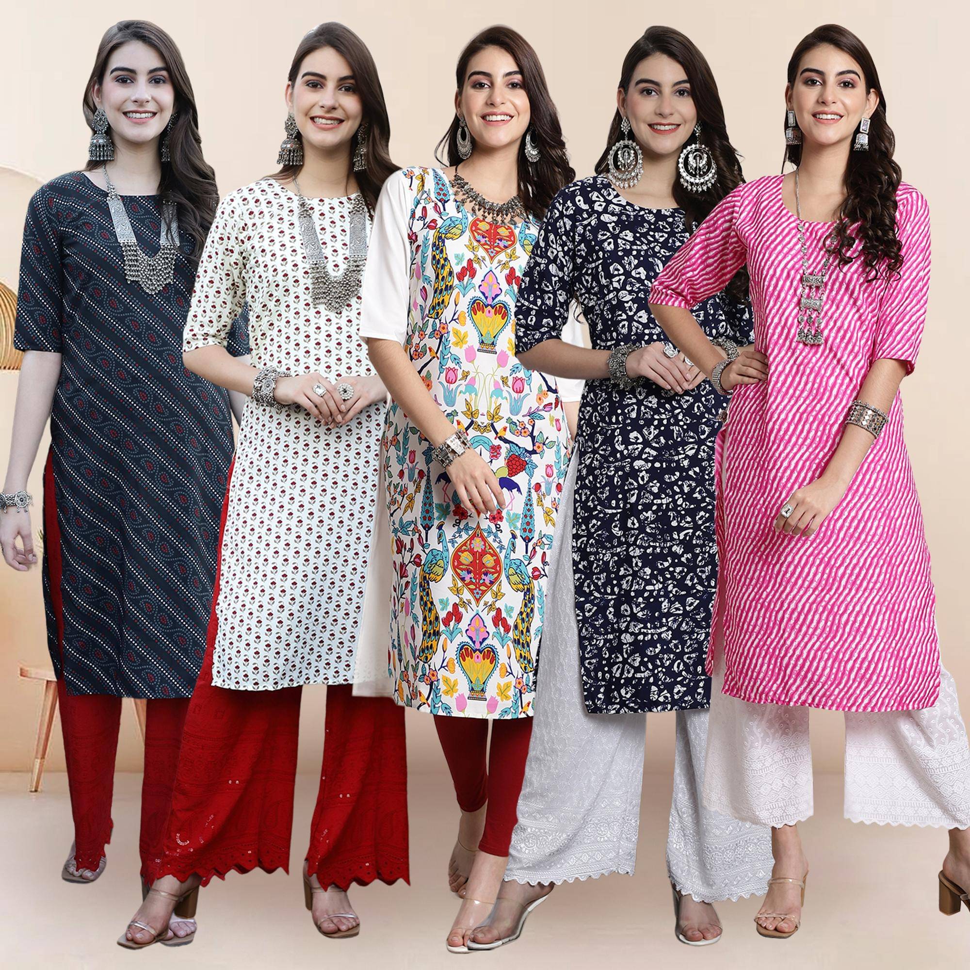 1 Stop Fashion Pack of 5 Crepe Printed Straight Women's Kurti - ( Multicolor ) 1 Stop Fashion Pack of 5 Crepe Printed Straight Women's Kurti - ( Multicolor )