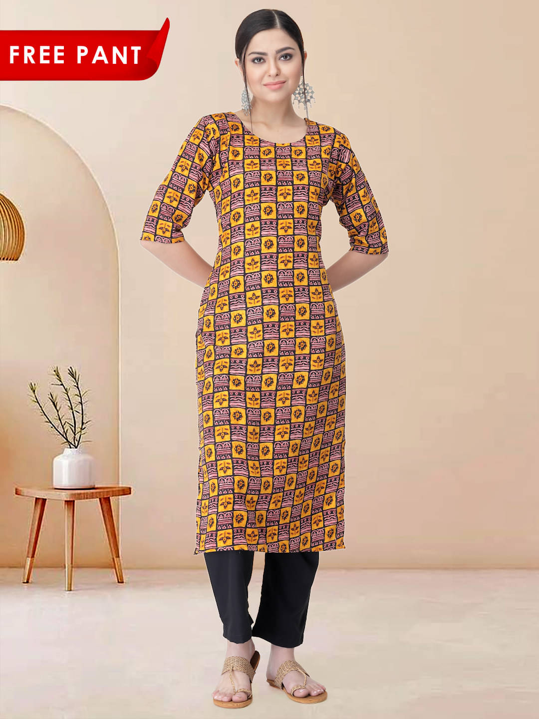     			1 Stop Fashion Pack of 1 Crepe Printed Straight Women's Kurti - ( Yellow )
