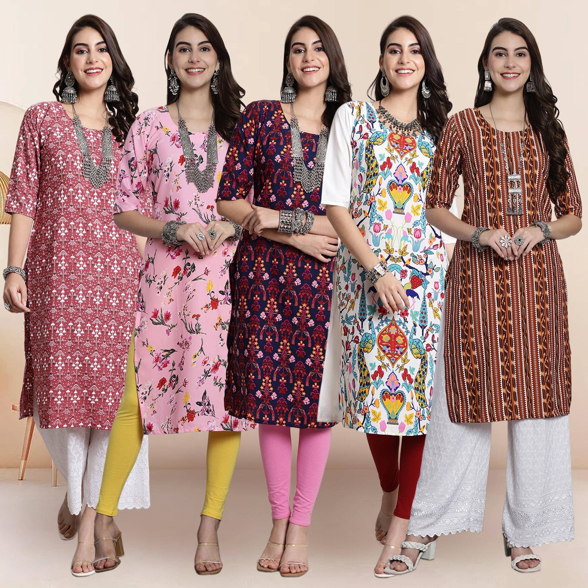     			1 Stop Fashion Pack of 5 Crepe Printed Straight Women's Kurti - ( Multicolor2 )