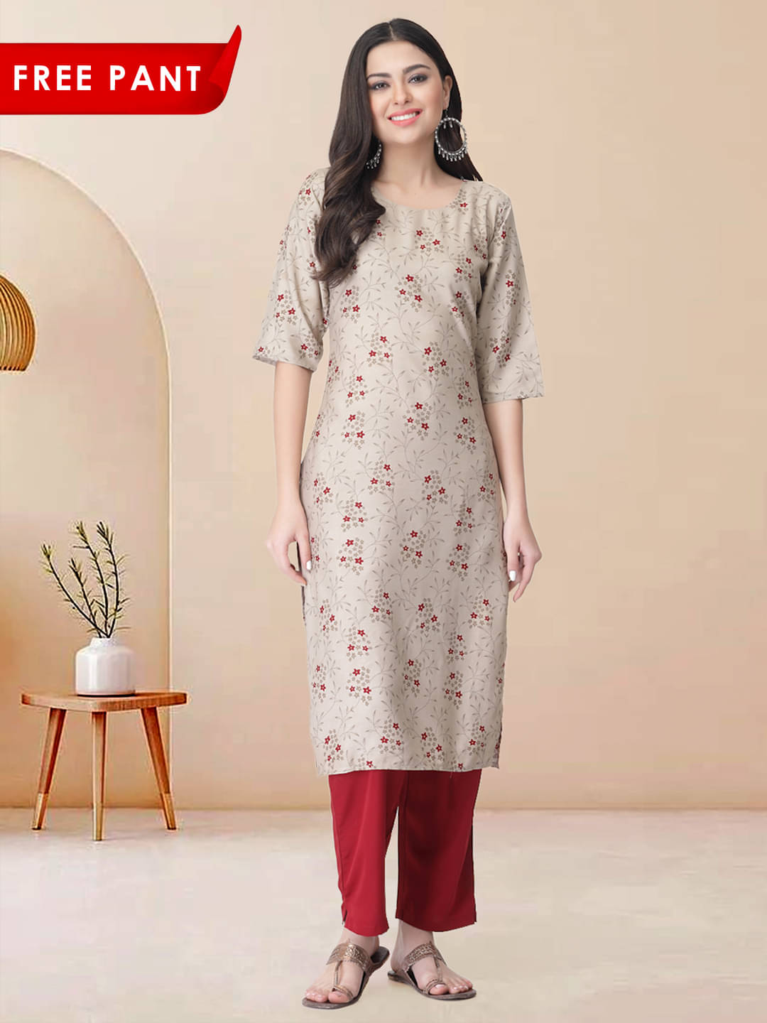     			1 Stop Fashion Pack of 1 Crepe Printed Straight Women's Kurti - ( Beige )