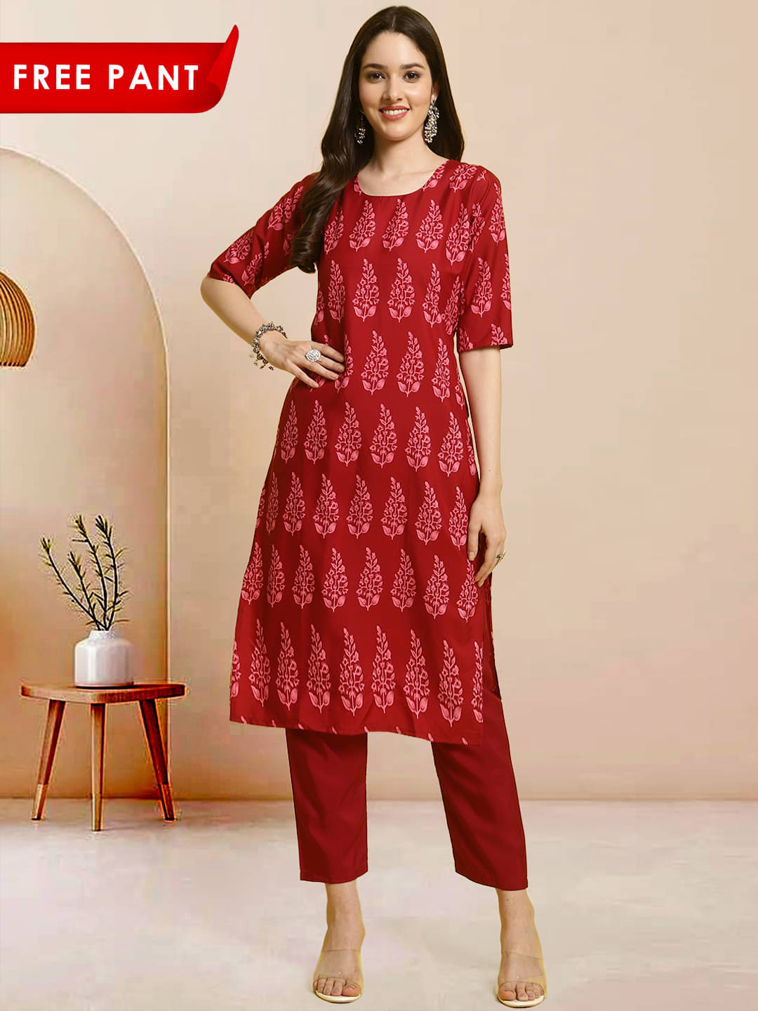     			1 Stop Fashion Pack of 1 Crepe Printed Straight Women's Kurti - ( Red )