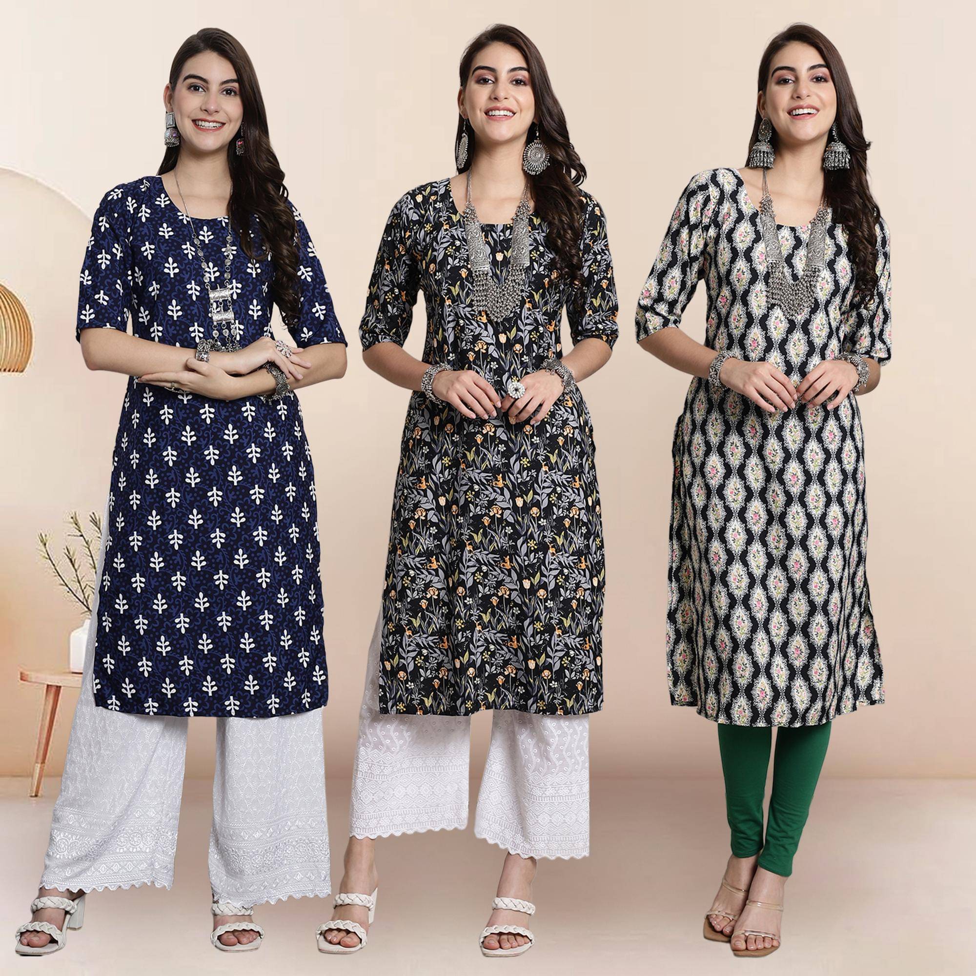     			1 Stop Fashion Pack of 3 Crepe Printed Straight Women's Kurti - ( Multicolor1 )
