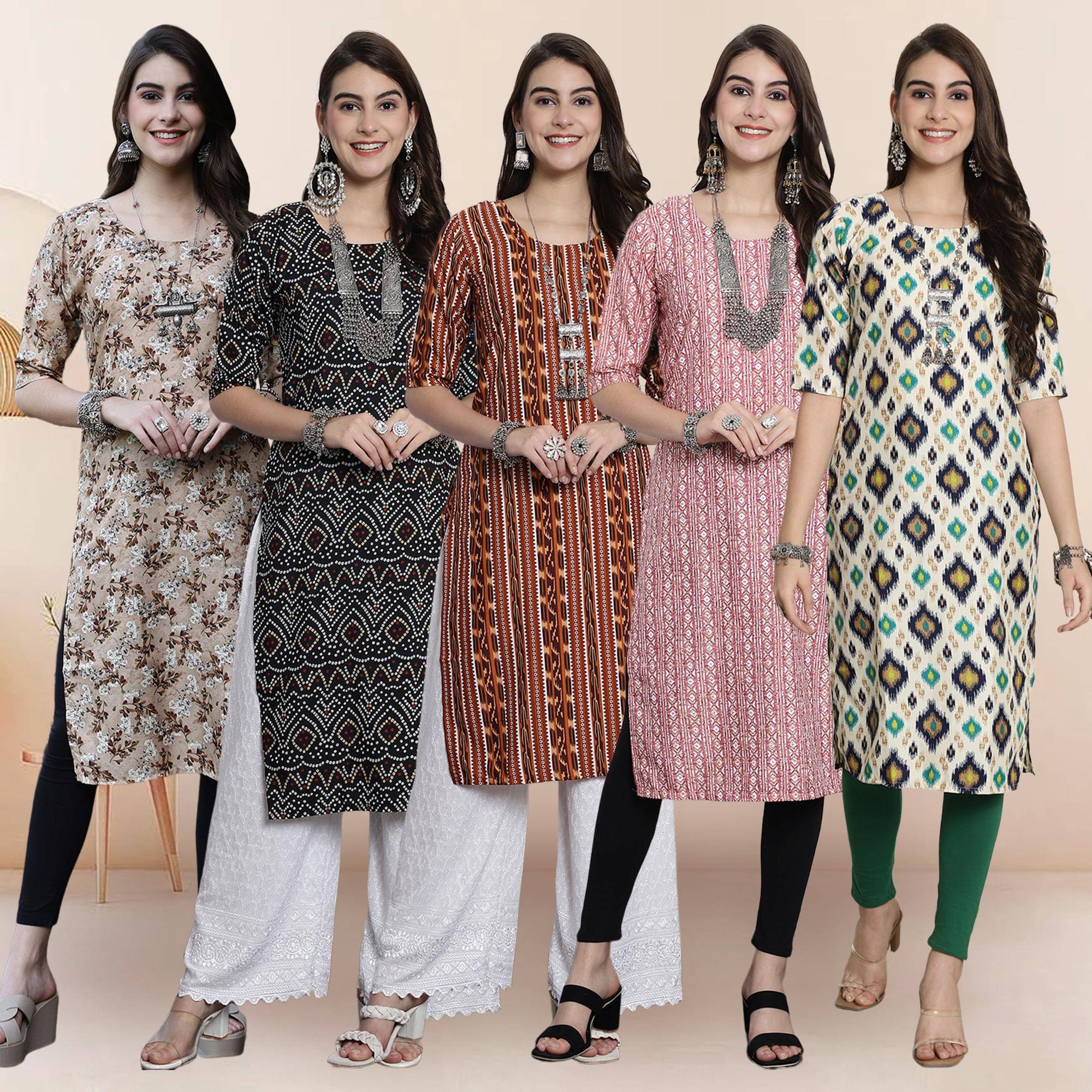 1 Stop Fashion Pack of 5 Crepe Printed Straight Women's Kurti - ( Multicolor1 ) 1 Stop Fashion Pack of 5 Crepe Printed Straight Women's Kurti - ( Multicolor1 )