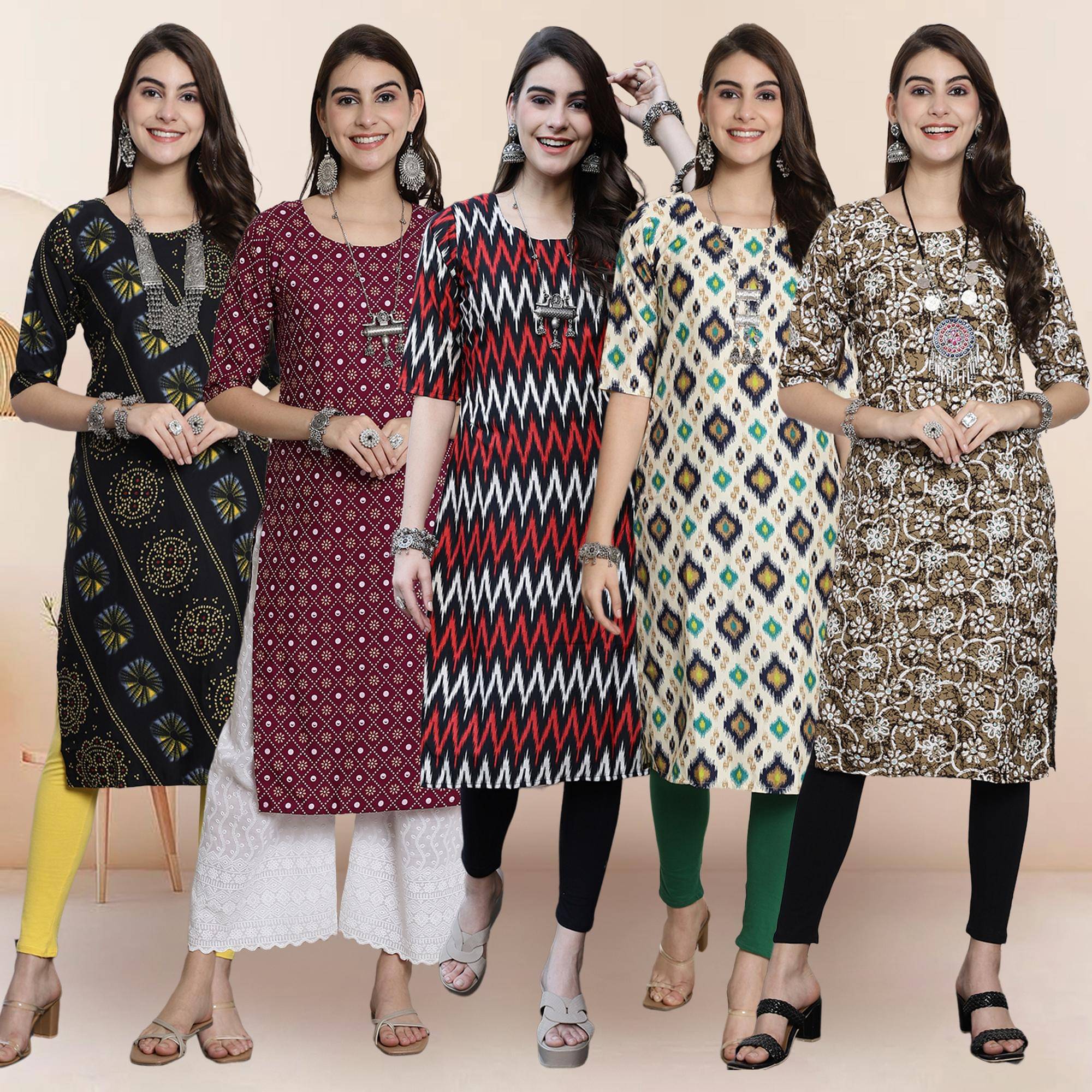 1 Stop Fashion Pack of 5 Crepe Printed Straight Women's Kurti - ( Multicolor4 ) 1 Stop Fashion Pack of 5 Crepe Printed Straight Women's Kurti - ( Multicolor4 )