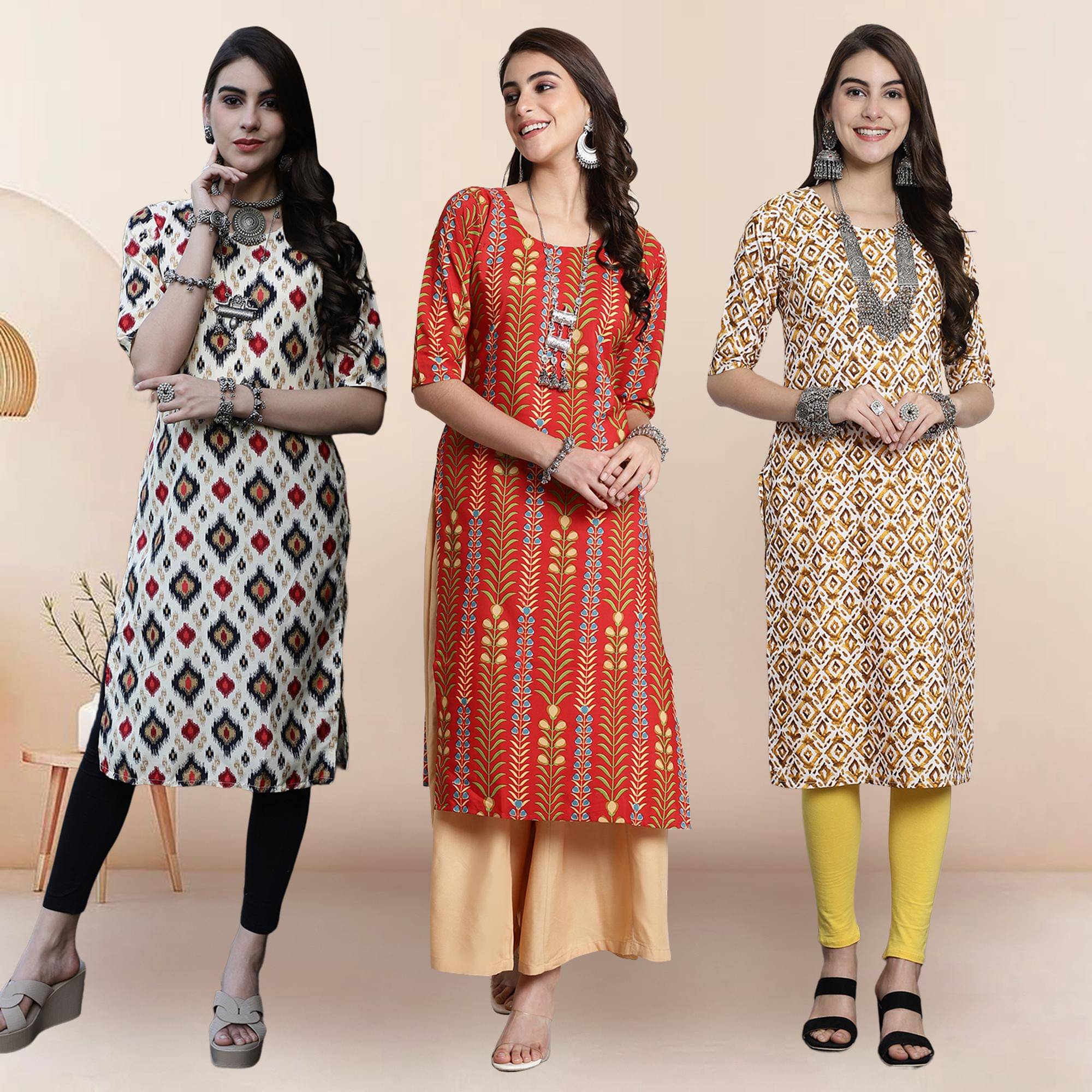    			1 Stop Fashion Pack of 3 Crepe Printed Straight Women's Kurti - ( Multicolor4 )