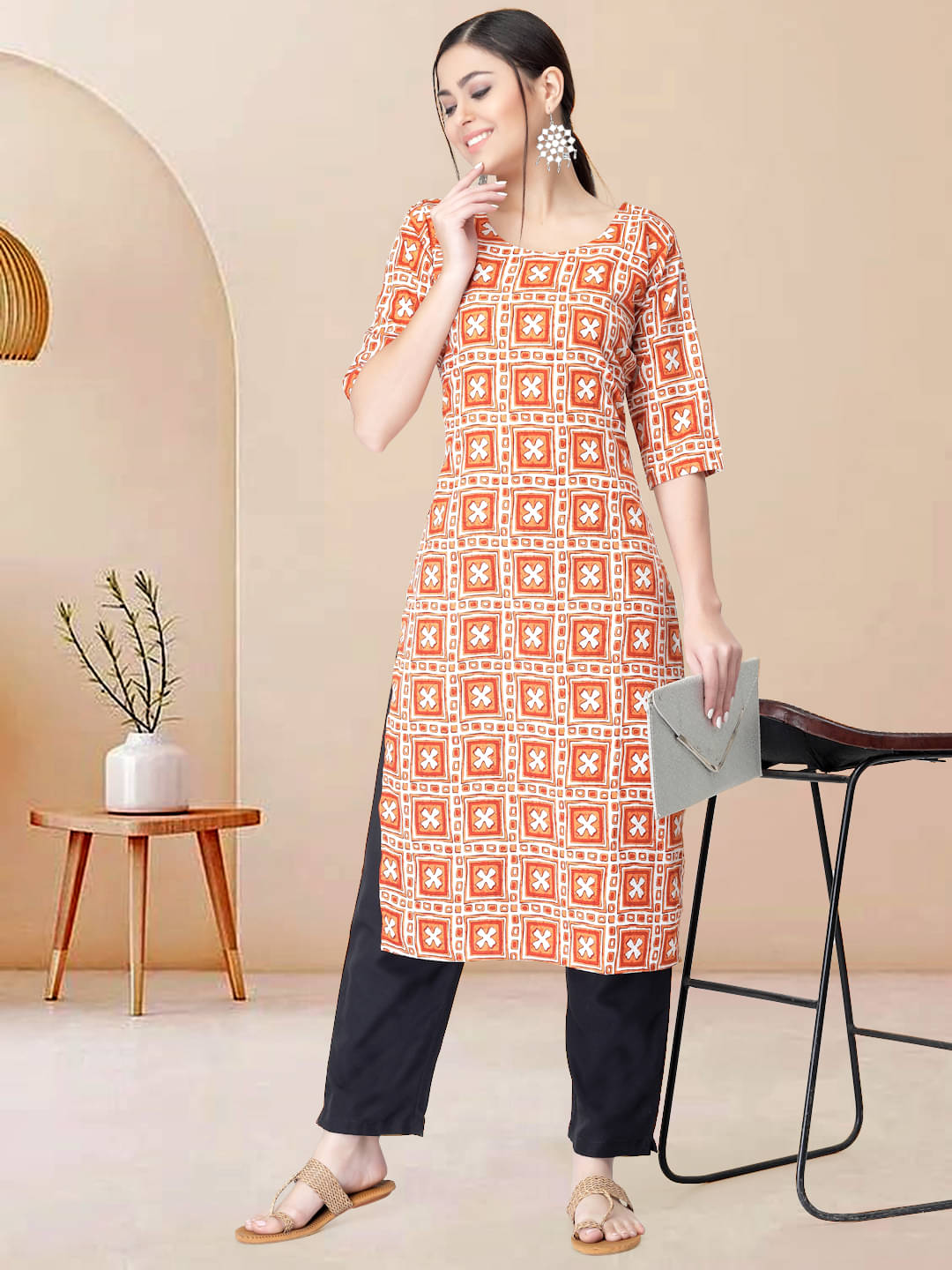 1 Stop Fashion Pack of 1 Crepe Printed Straight Women's Kurti - ( Orange ) 1 Stop Fashion Pack of 1 Crepe Printed Straight Women's Kurti - ( Orange )