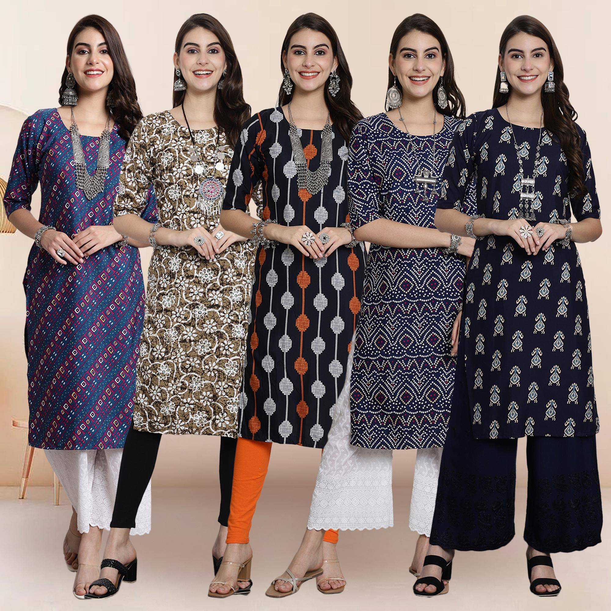 1 Stop Fashion Pack of 5 Crepe Printed Straight Women's Kurti - ( Multicolor ) 1 Stop Fashion Pack of 5 Crepe Printed Straight Women's Kurti - ( Multicolor )