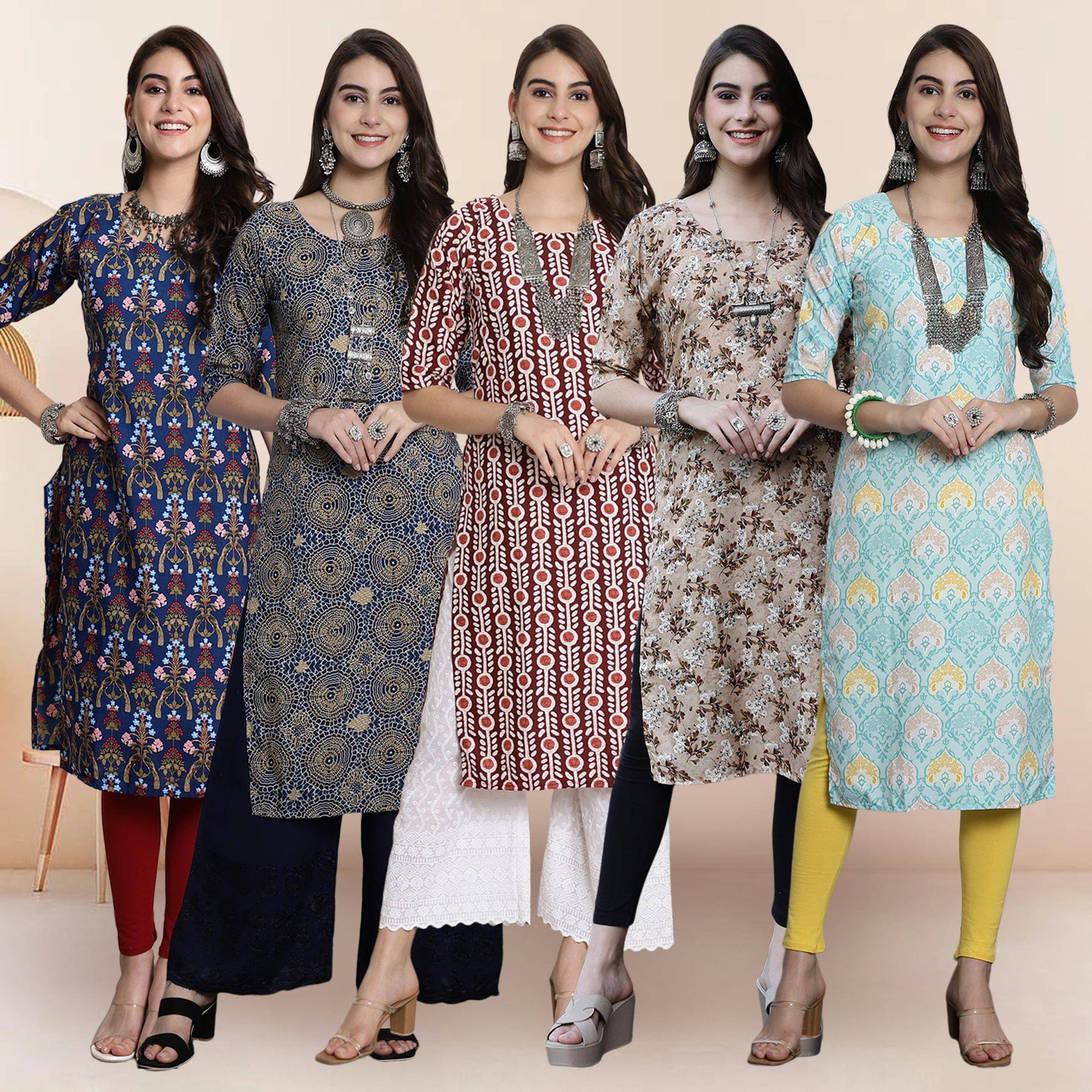 Ethnicbasket Pack of 5 Crepe Printed Straight Women's Kurti - ( Multicolor2 ) Ethnicbasket Pack of 5 Crepe Printed Straight Women's Kurti - ( Multicolor2 )