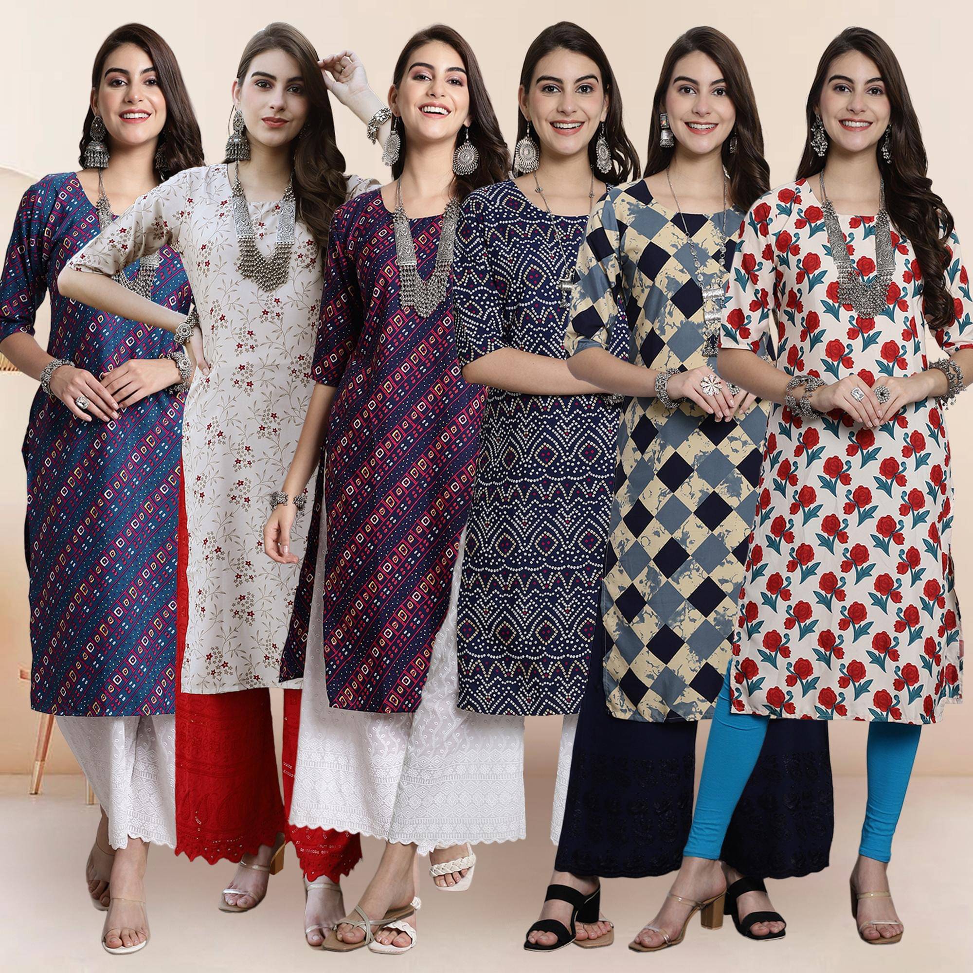 Ethnicbasket Pack of 6 Crepe Printed Straight Women's Kurti - ( Multicolor1 ) Ethnicbasket Pack of 6 Crepe Printed Straight Women's Kurti - ( Multicolor1 )