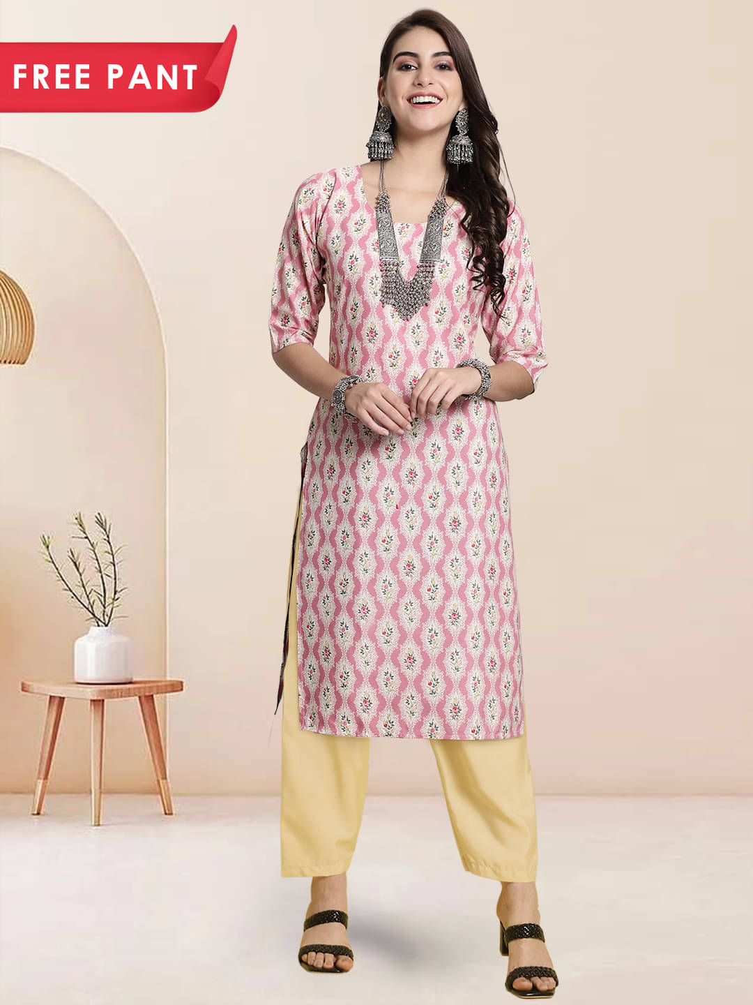    			Ethnicbasket Pack of 1 Crepe Printed Straight Women's Kurti - ( Peach )