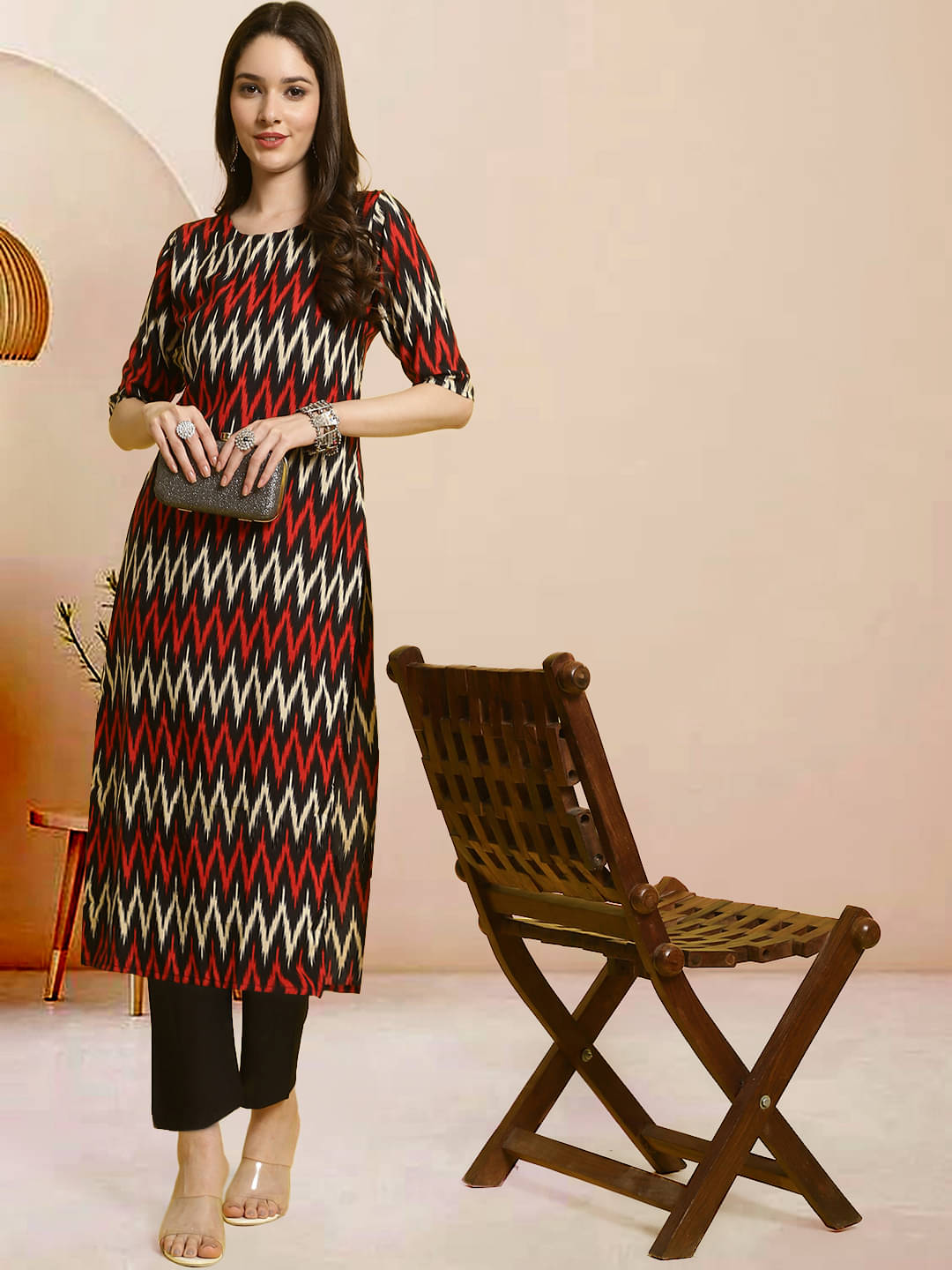     			Ethnicbasket Pack of 1 Crepe Printed Straight Women's Kurti - ( Black )