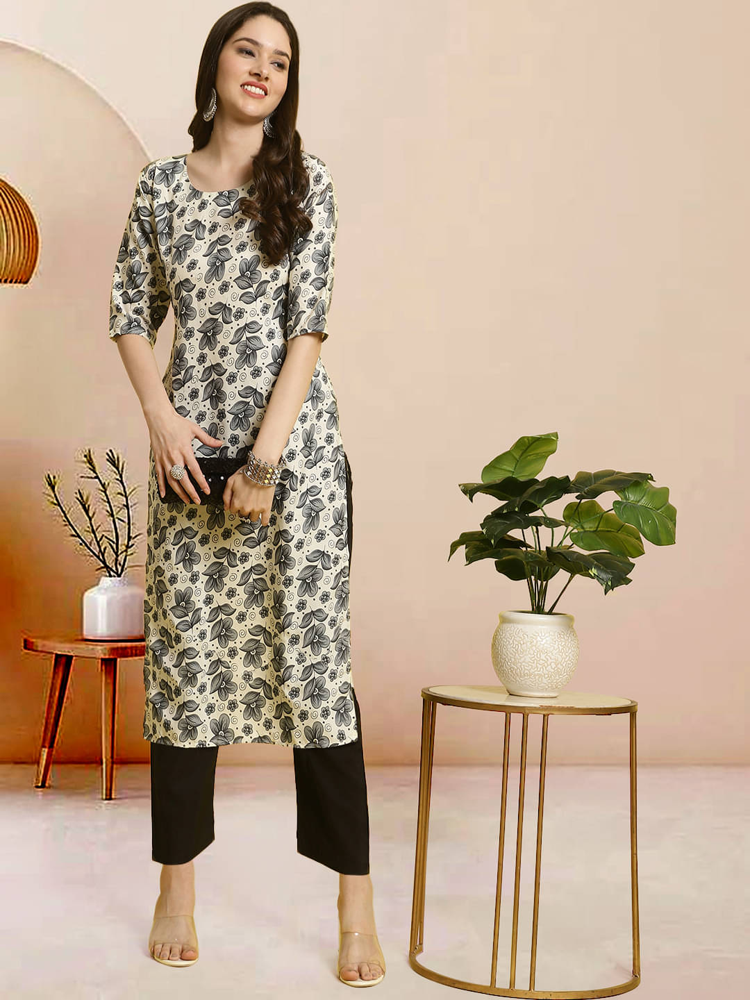 Ethnicbasket Pack of 1 Crepe Printed Straight Women's Kurti - ( Grey ) Ethnicbasket Pack of 1 Crepe Printed Straight Women's Kurti - ( Grey )