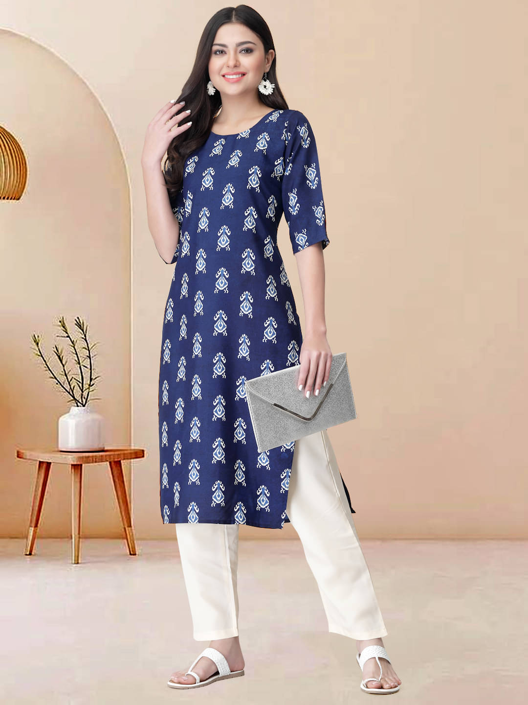Ethnicbasket Pack of 1 Crepe Printed Straight Women's Kurti - ( Navy )     			Ethnicbasket Pack of 1 Crepe Printed Straight Women's Kurti - ( Navy )