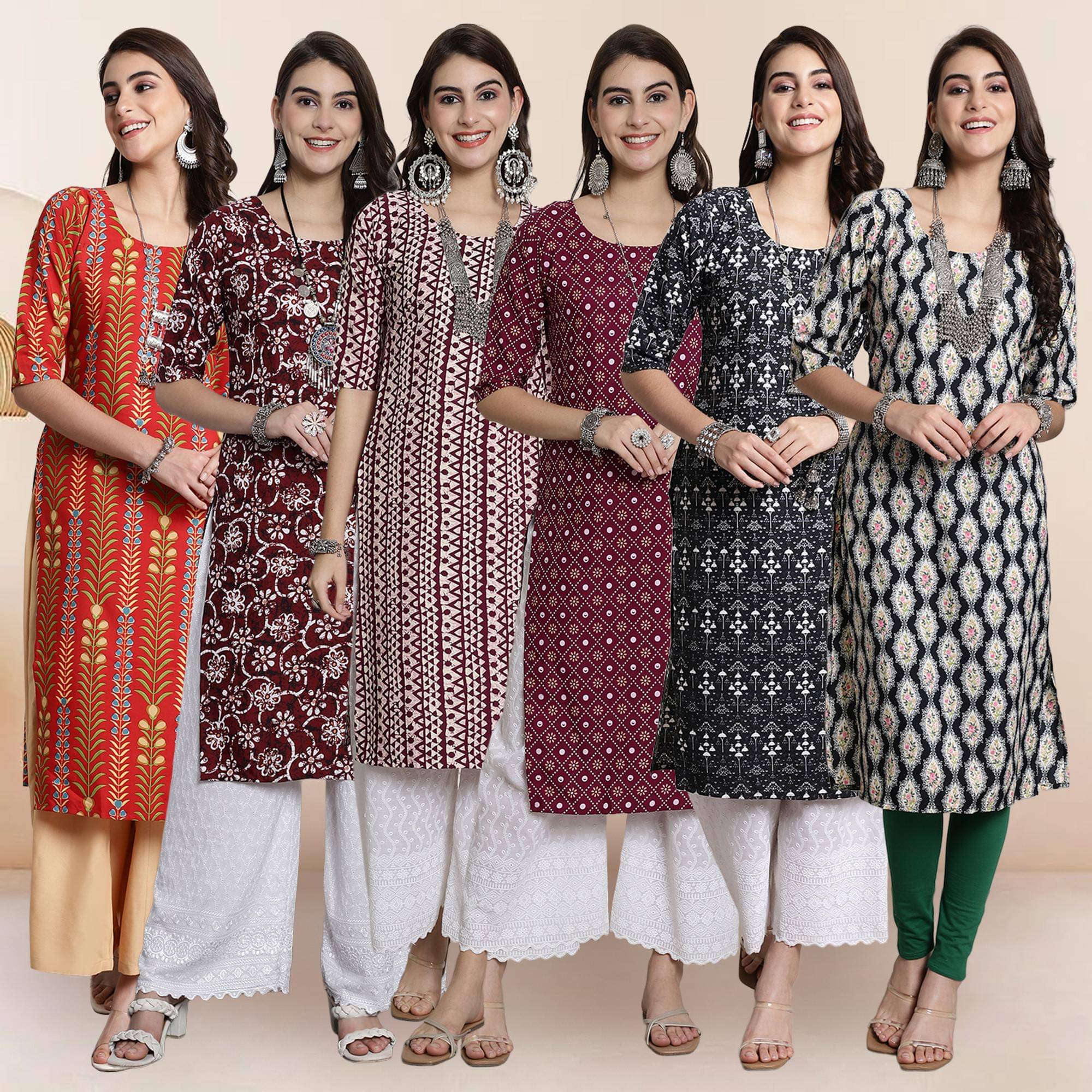 Ethnicbasket Pack of 6 Crepe Printed Straight Women's Kurti - ( Multicolor1 ) Ethnicbasket Pack of 6 Crepe Printed Straight Women's Kurti - ( Multicolor1 )