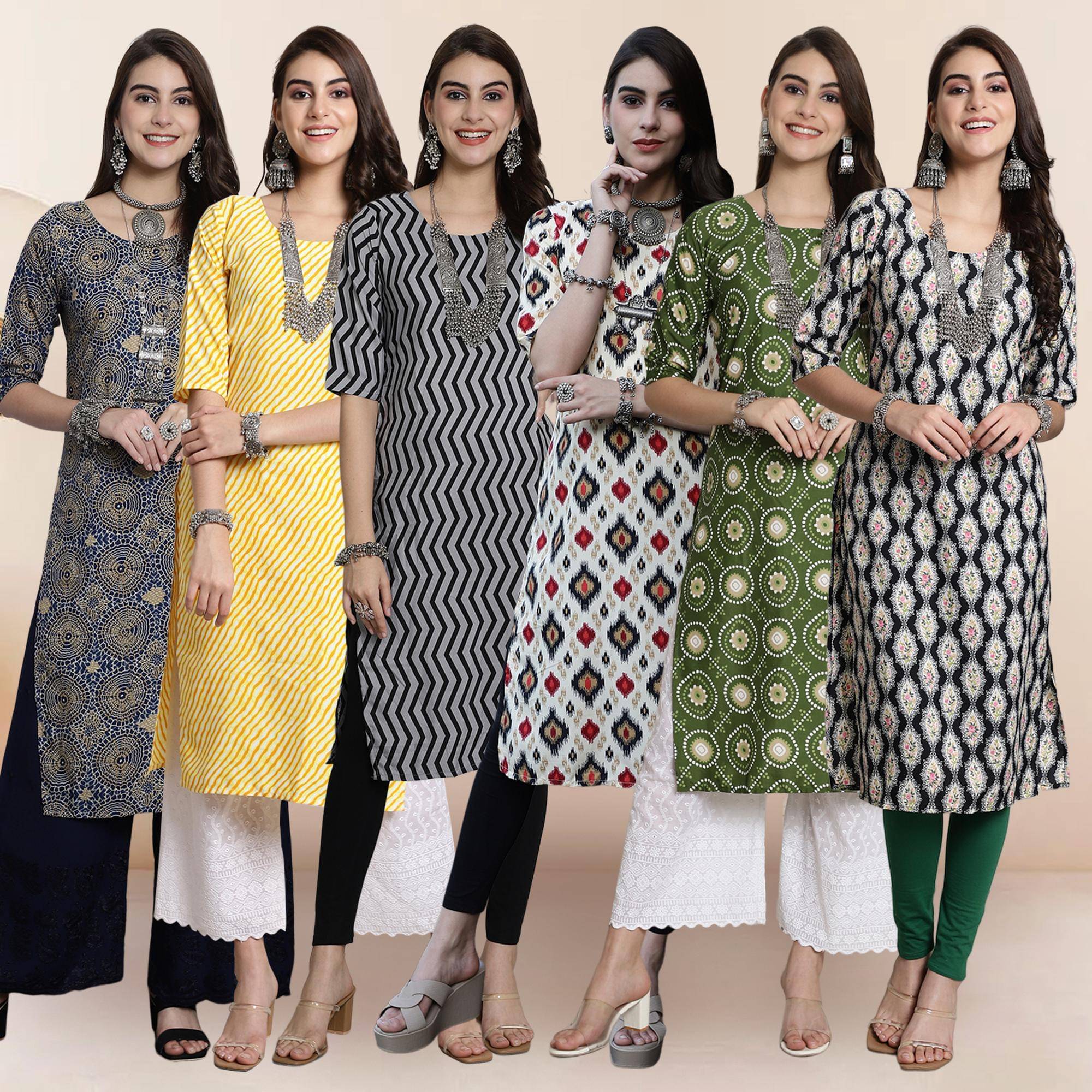     			Ethnicbasket Pack of 6 Crepe Printed Straight Women's Kurti - ( Multicolor3 )