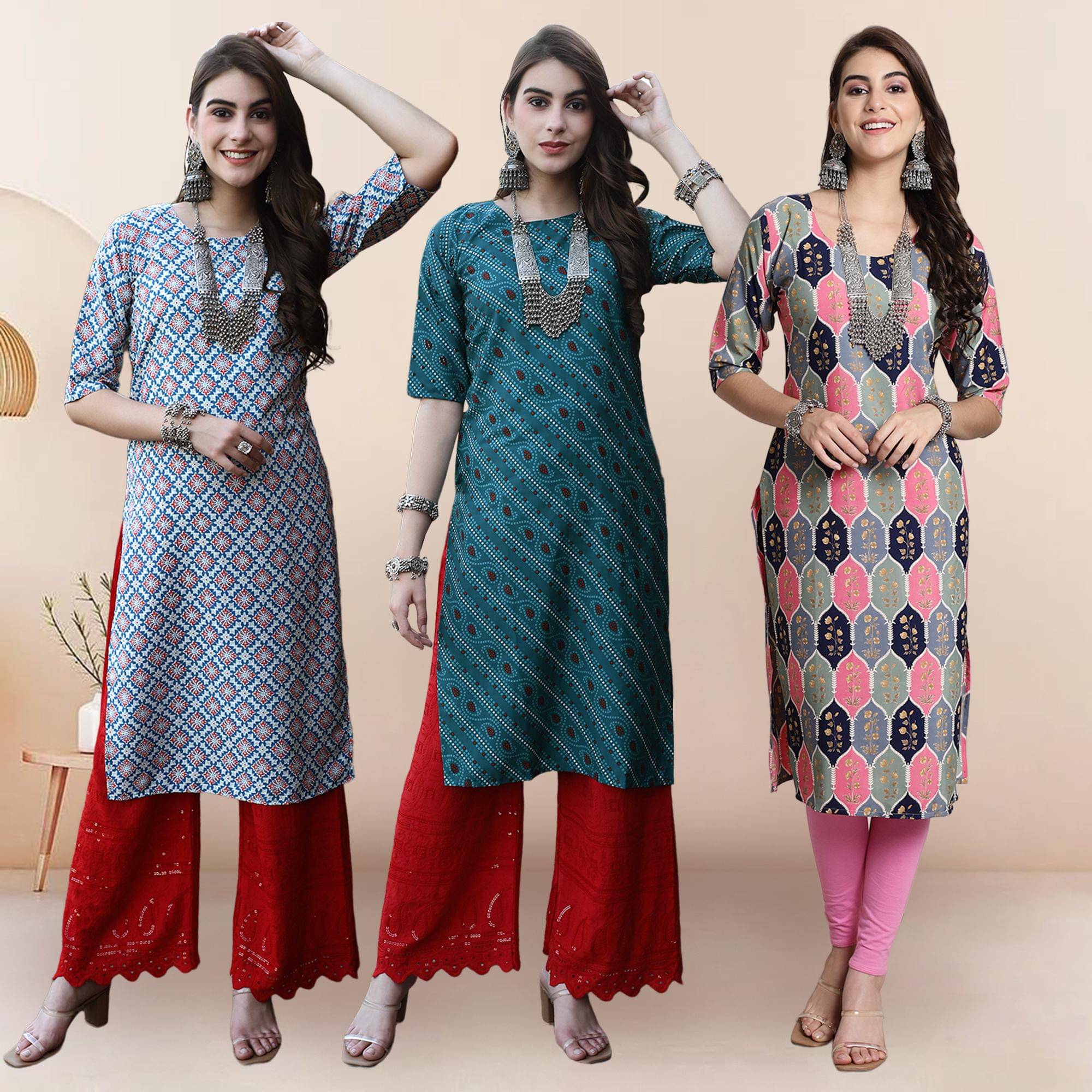 Ethnicbasket Pack of 3 Crepe Printed Straight Women's Kurti - ( Multicolor3 ) Ethnicbasket Pack of 3 Crepe Printed Straight Women's Kurti - ( Multicolor3 )