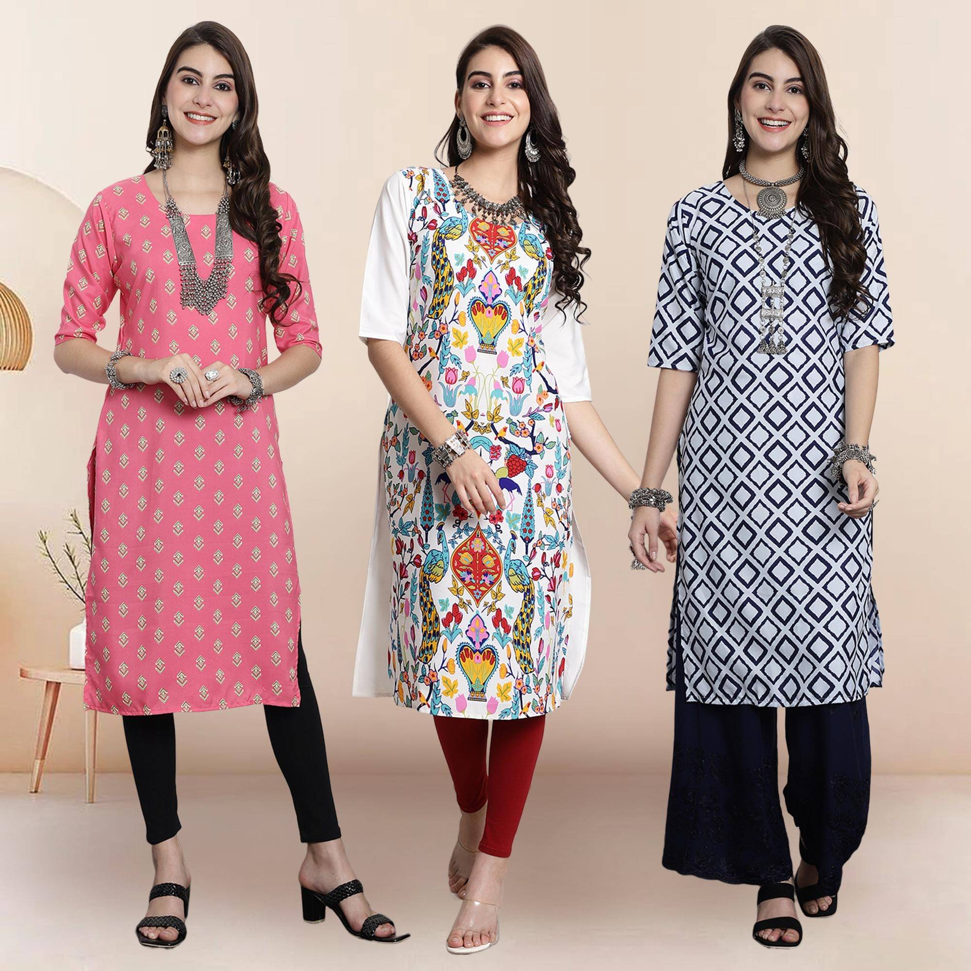 Ethnicbasket Pack of 3 Crepe Printed Straight Women's Kurti - ( Multicolor ) Ethnicbasket Pack of 3 Crepe Printed Straight Women's Kurti - ( Multicolor )