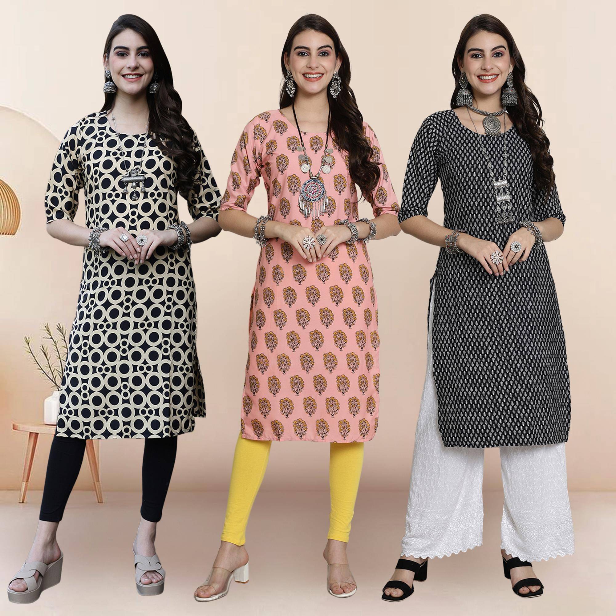     			Ethnicbasket Pack of 3 Crepe Printed Straight Women's Kurti - ( Multicolor3 )