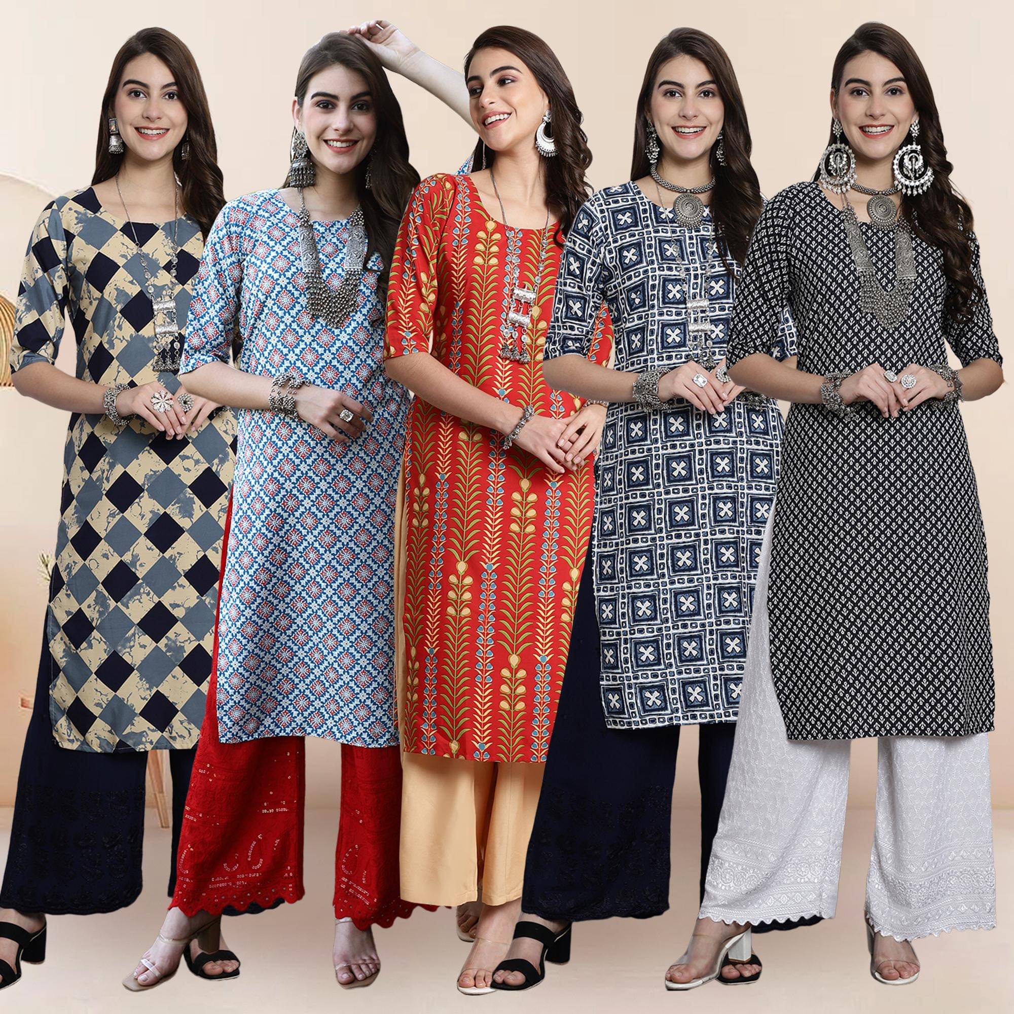 Ethnicbasket Pack of 5 Crepe Printed Straight Women's Kurti - ( Multicolor1 ) Ethnicbasket Pack of 5 Crepe Printed Straight Women's Kurti - ( Multicolor1 )