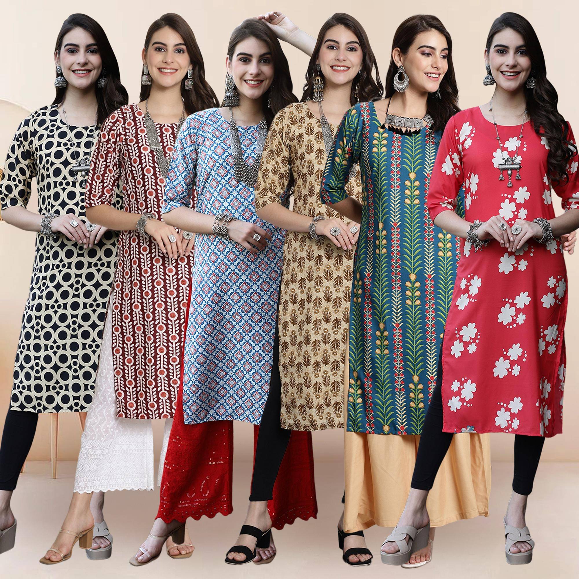 Ethnicbasket Pack of 6 Crepe Printed Straight Women's Kurti - ( Multicolor1 )     			Ethnicbasket Pack of 6 Crepe Printed Straight Women's Kurti - ( Multicolor1 )