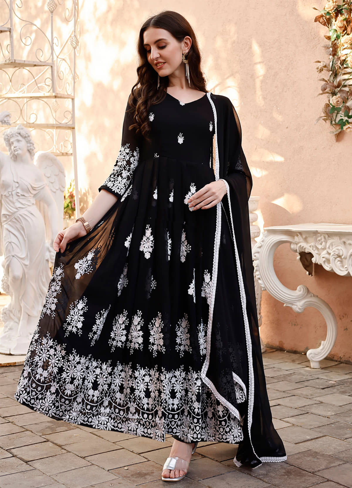 Trijal Fab Black Anarkali Georgette Women's Stitched Ethnic Gown ( Pack of 1 ) - Unstitched Fabrics | Buy online on ZillyBuy