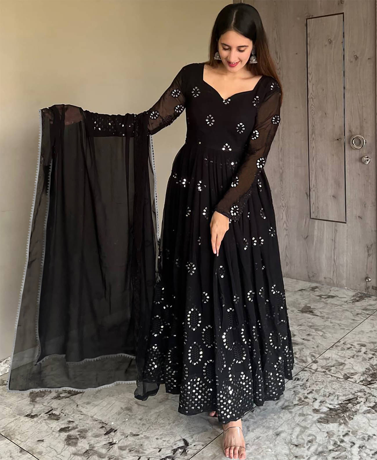     			Trijal Fab Black Anarkali Georgette Women's Stitched Ethnic Gown ( Pack of 1 )