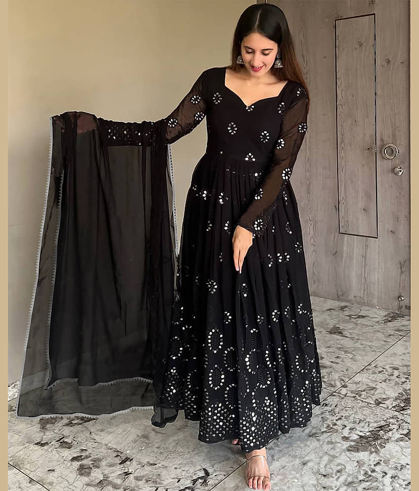 Trijal Fab Black Anarkali Georgette Women's Stitched Ethnic Gown ( Pack of 1 ) - Unstitched Fabrics | Buy online on ZillyBuy