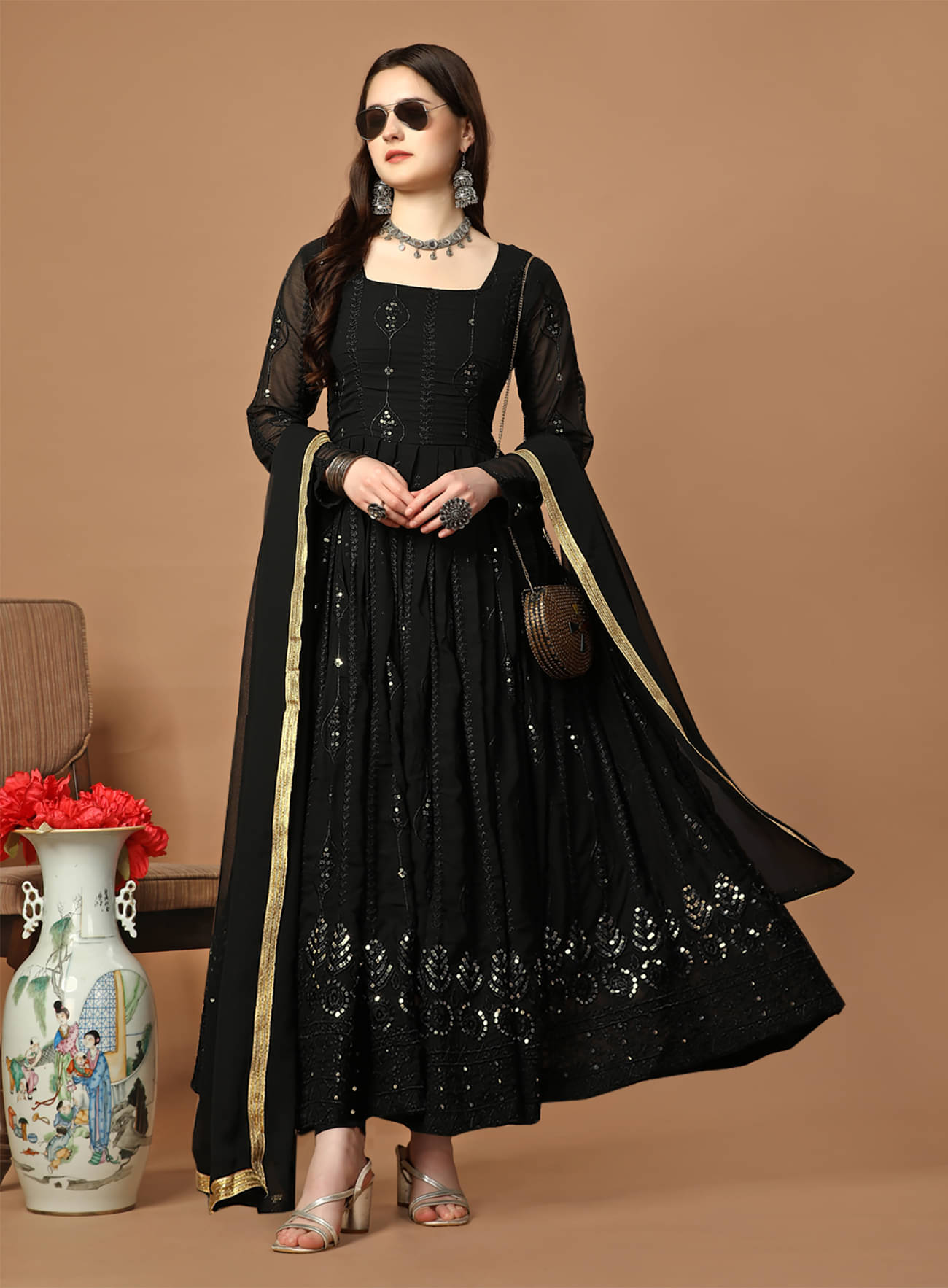 Trijal Fab Black Anarkali Georgette Women's Stitched Ethnic Gown ( Pack of 1 ) Trijal Fab Black Anarkali Georgette Women's Stitched Ethnic Gown ( Pack of 1 )