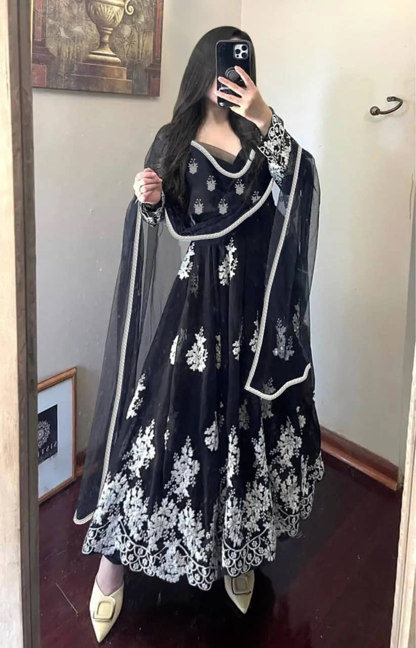 Trijal Fab Black Anarkali Georgette Women's Stitched Ethnic Gown ( Pack of 1 ) - Unstitched Fabrics | Buy online on ZillyBuy