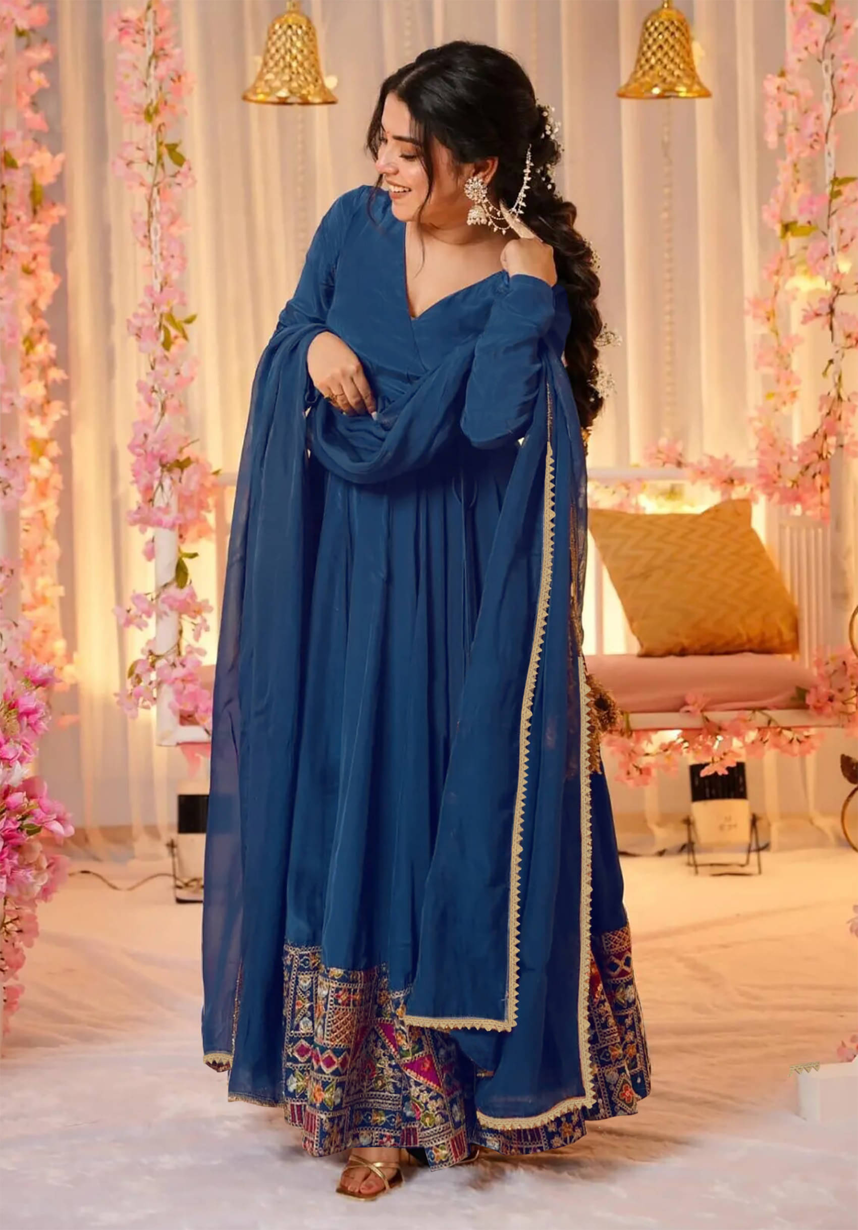 Trijal Fab Blue Anarkali Georgette Women's Stitched Ethnic Gown ( Pack of 1 ) Trijal Fab Blue Anarkali Georgette Women's Stitched Ethnic Gown ( Pack of 1 )