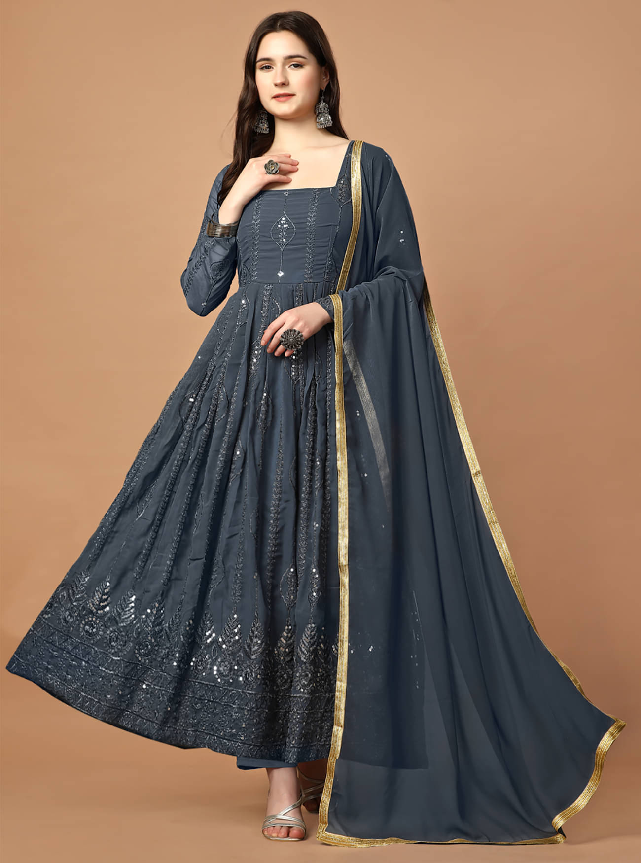 Trijal Fab Dark Grey Anarkali Georgette Women's Stitched Ethnic Gown ( Pack of 1 ) Trijal Fab Dark Grey Anarkali Georgette Women's Stitched Ethnic Gown ( Pack of 1 )