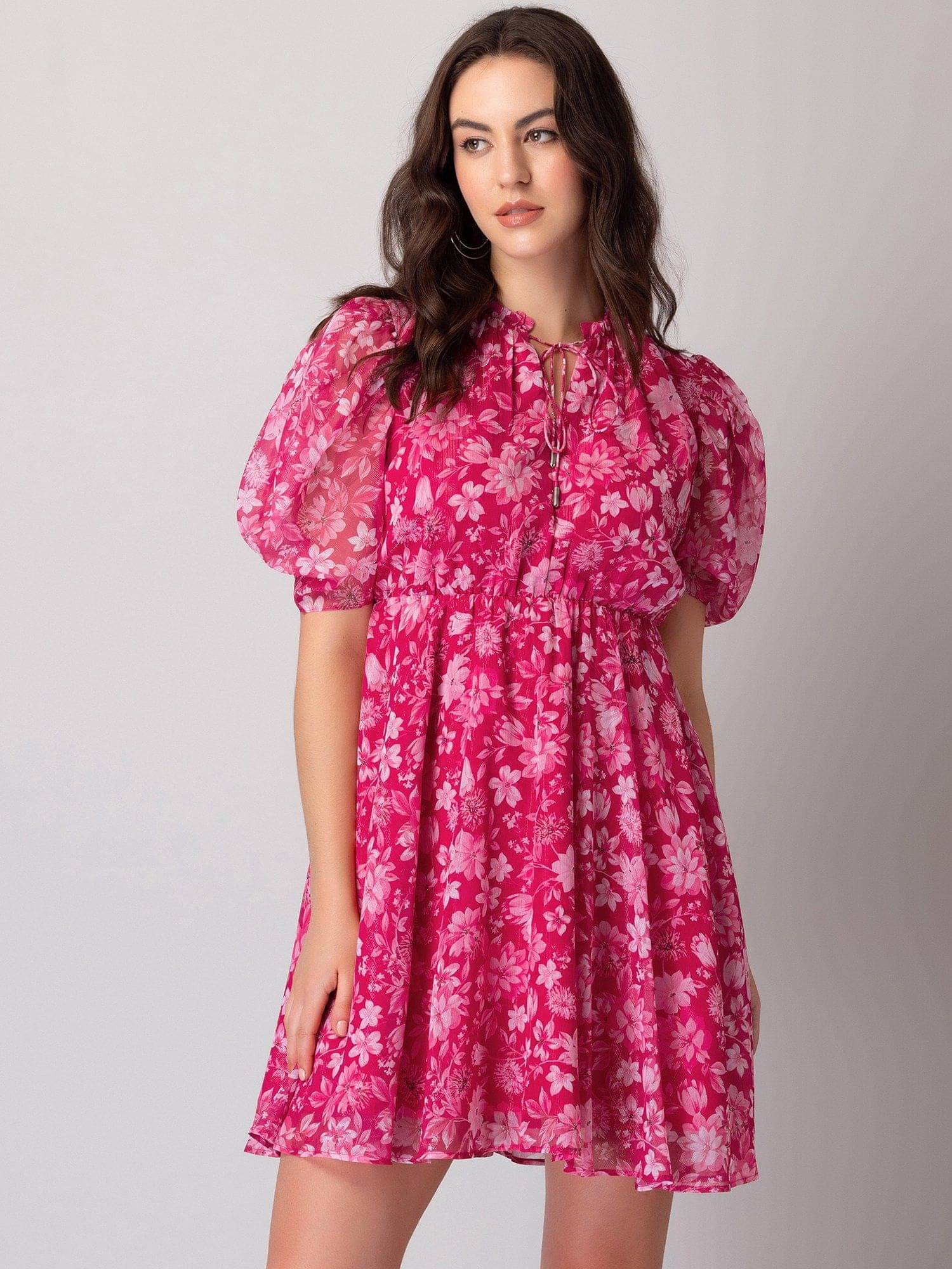 Trijal Fab Women Georgette Printed Fit & Flare Dress ( Pink ) Trijal Fab Women Georgette Printed Fit & Flare Dress ( Pink )