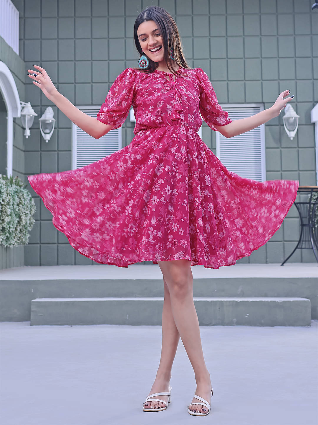 Trijal Fab Women Georgette Printed Fit & Flare Dress ( Pink ) Trijal Fab Women Georgette Printed Fit & Flare Dress ( Pink )