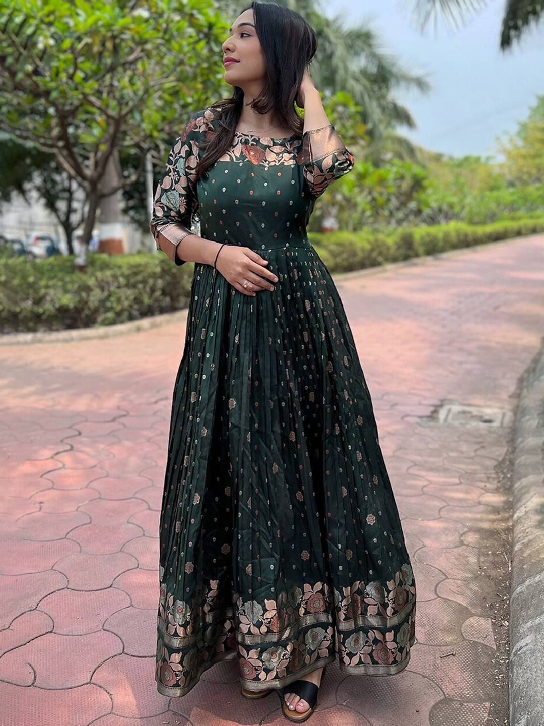 Trijal Fab Green Anarkali Jacquard Women's Stitched Ethnic Gown ( Pack of 1 )     			Trijal Fab Green Anarkali Jacquard Women's Stitched Ethnic Gown ( Pack of 1 )