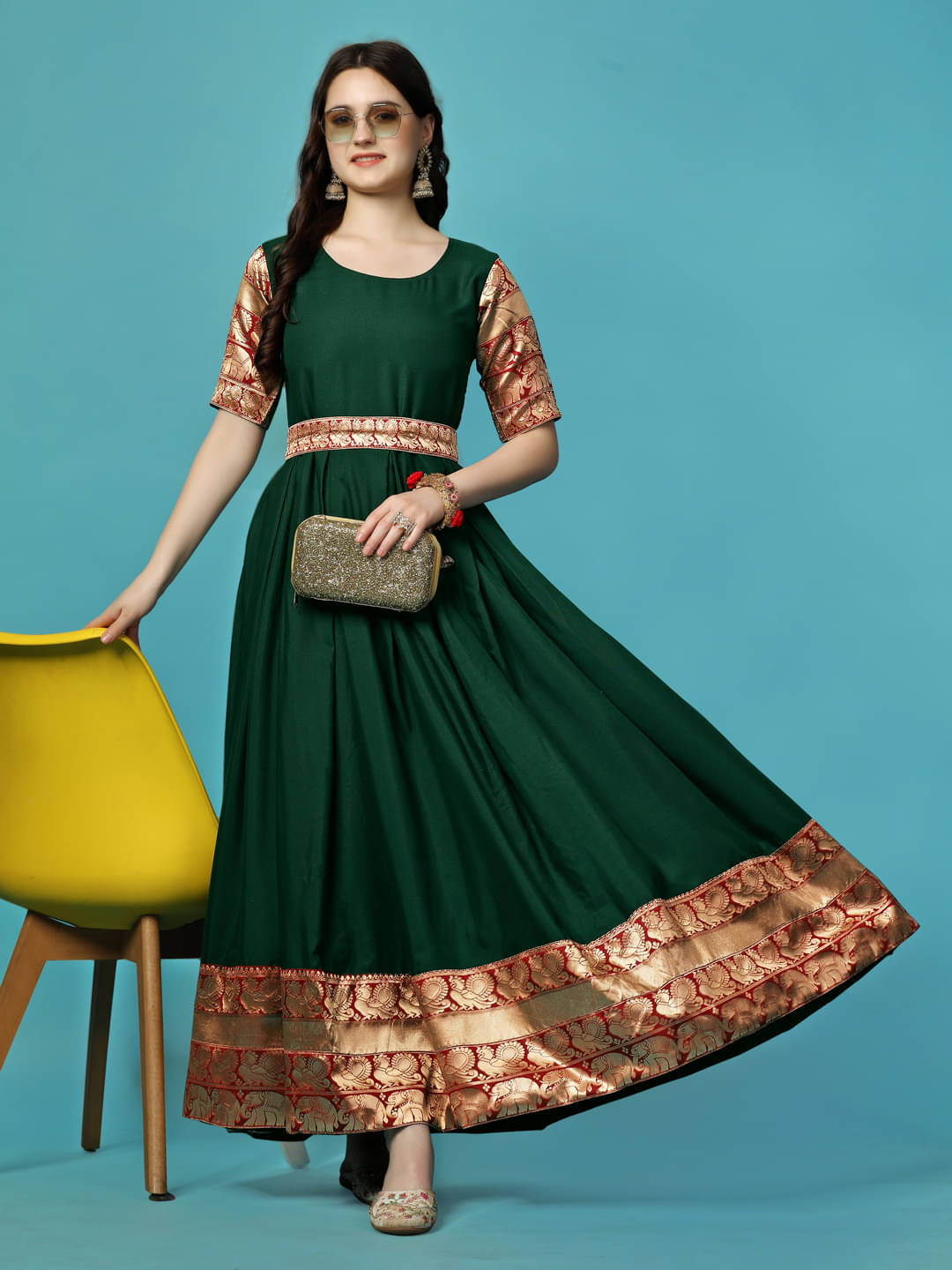 Trijal Fab Green Anarkali Jacquard Women's Stitched Ethnic Gown ( Pack of 1 ) Trijal Fab Green Anarkali Jacquard Women's Stitched Ethnic Gown ( Pack of 1 )