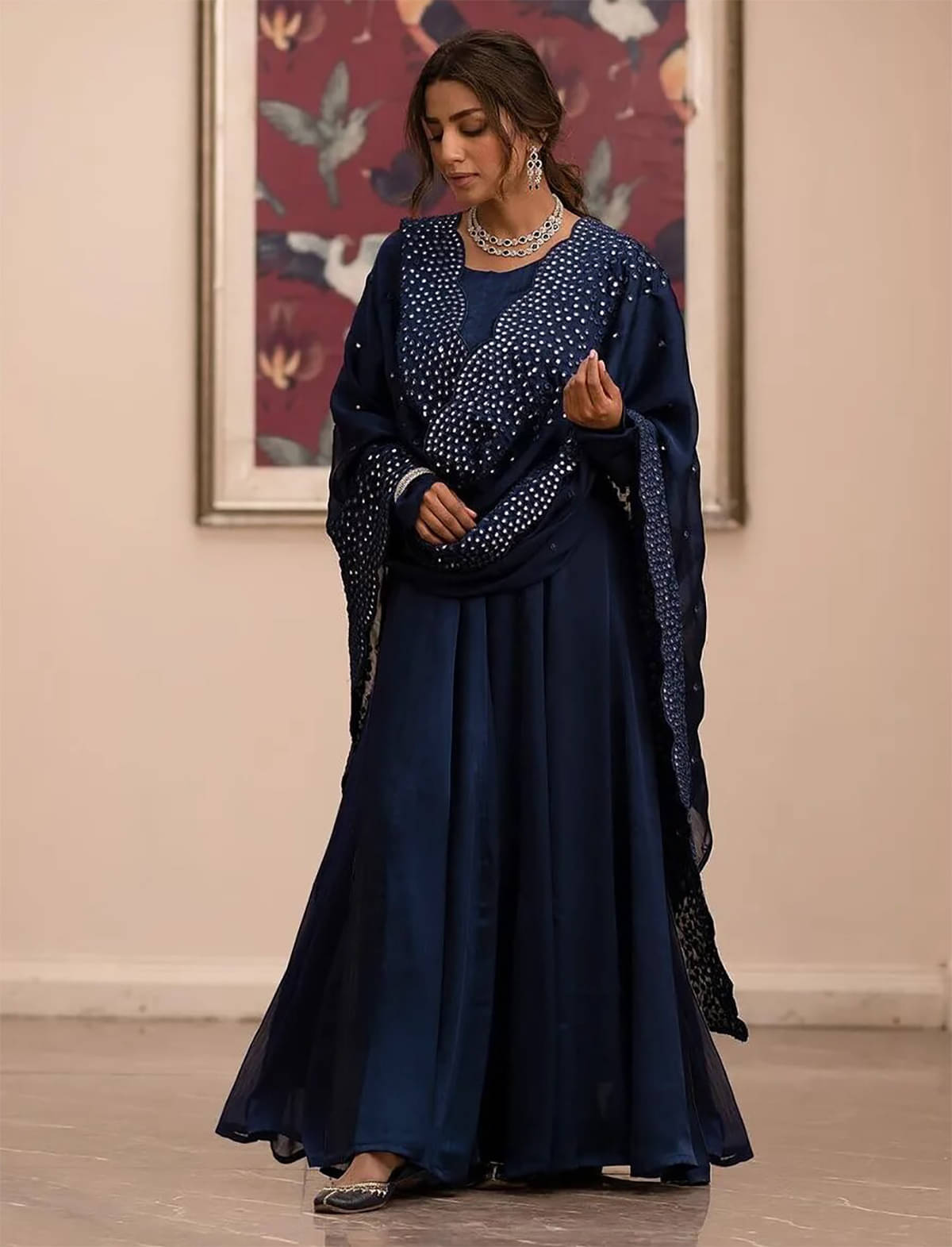     			Trijal Fab Navy Blue Anarkali Chiffon Women's Stitched Ethnic Gown ( Pack of 1 )