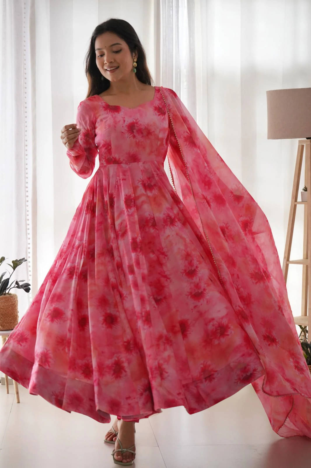 Trijal Fab Pink Anarkali Georgette Women's Stitched Ethnic Gown ( Pack of 1 )     			Trijal Fab Pink Anarkali Georgette Women's Stitched Ethnic Gown ( Pack of 1 )