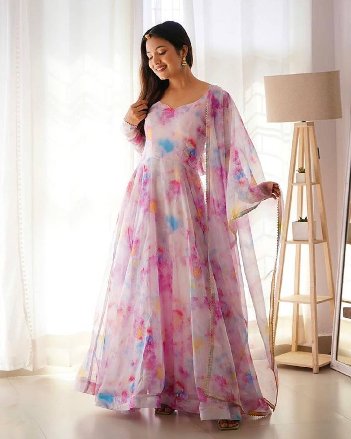     			Trijal Fab Pink Anarkali Georgette Women's Stitched Ethnic Gown ( Pack of 1 )