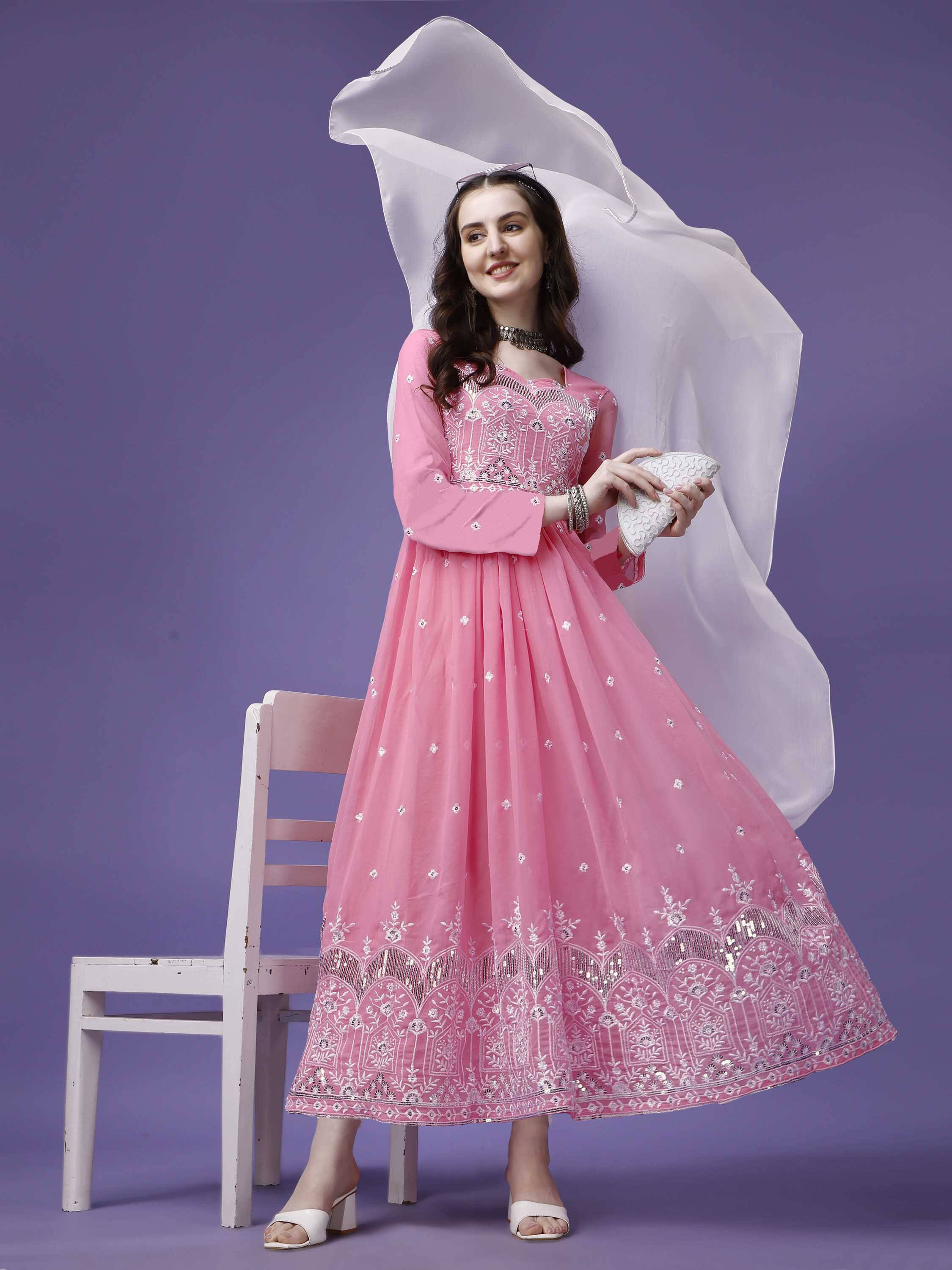 Trijal Fab Pink Anarkali Georgette Women's Stitched Ethnic Gown ( Pack of 1 ) Trijal Fab Pink Anarkali Georgette Women's Stitched Ethnic Gown ( Pack of 1 )