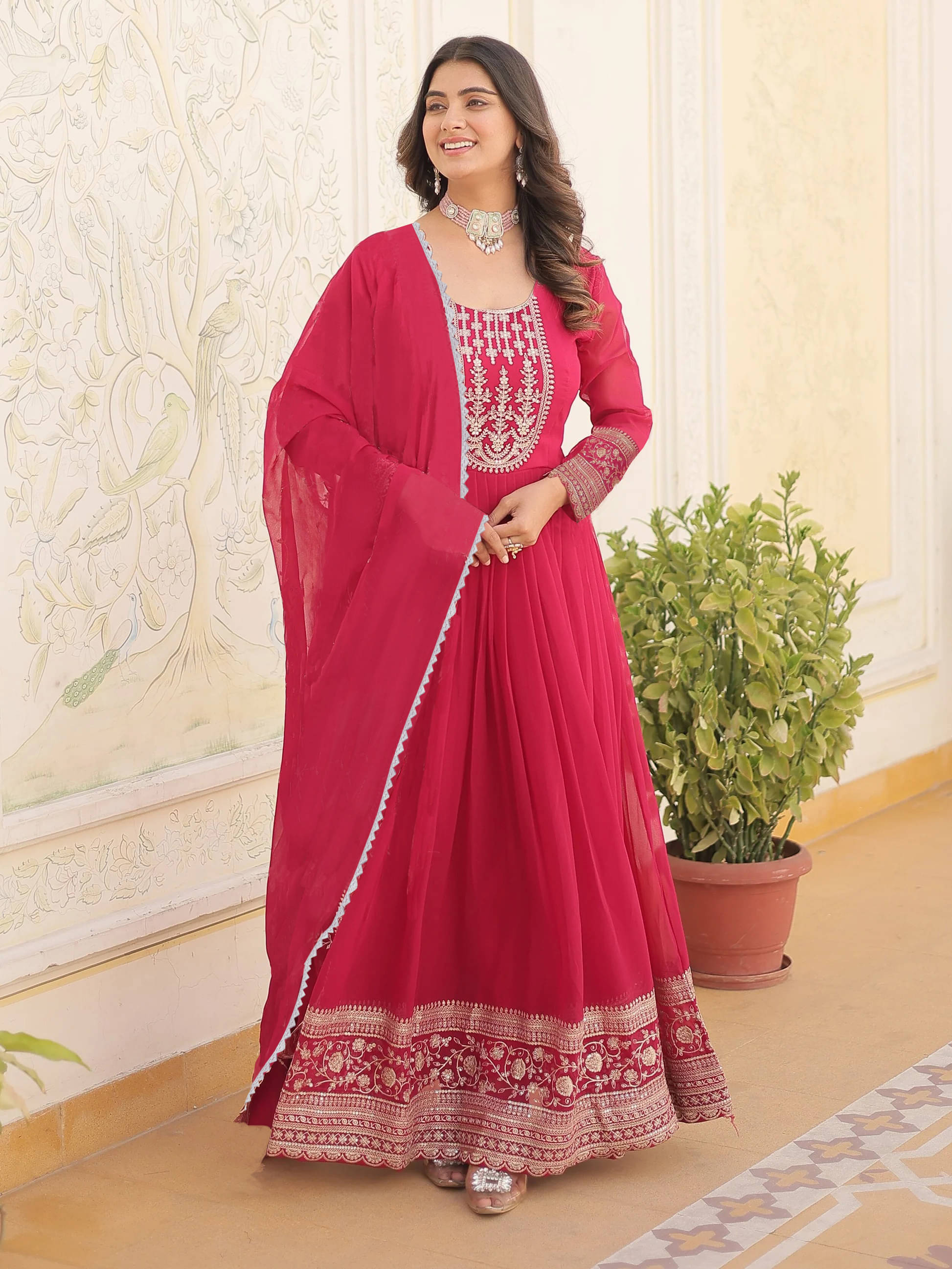 Trijal Fab Pink Anarkali Georgette Women's Stitched Ethnic Gown ( Pack of 1 ) Trijal Fab Pink Anarkali Georgette Women's Stitched Ethnic Gown ( Pack of 1 )