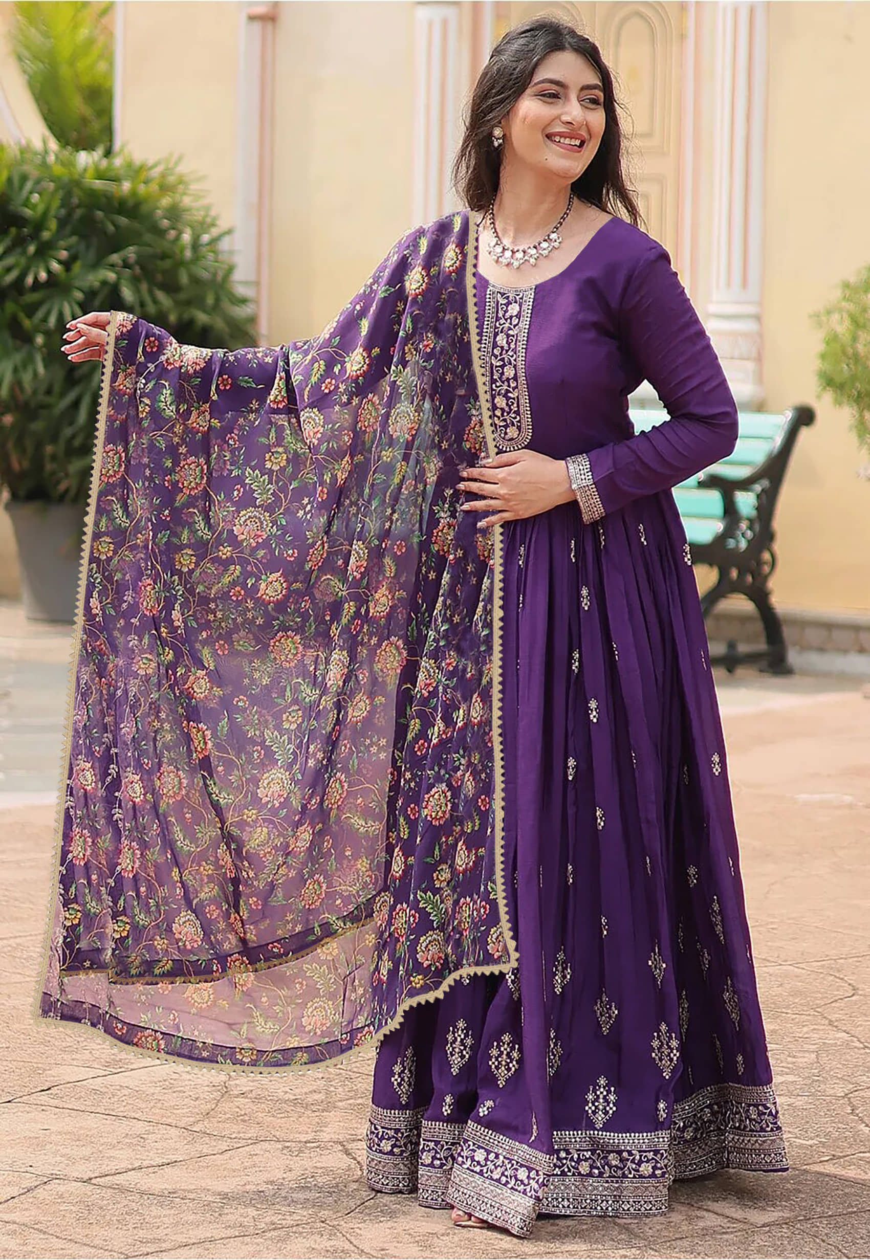 Trijal Fab Purple Anarkali Georgette Women's Stitched Ethnic Gown ( Pack of 1 ) - Unstitched Fabrics | Buy online on ZillyBuy