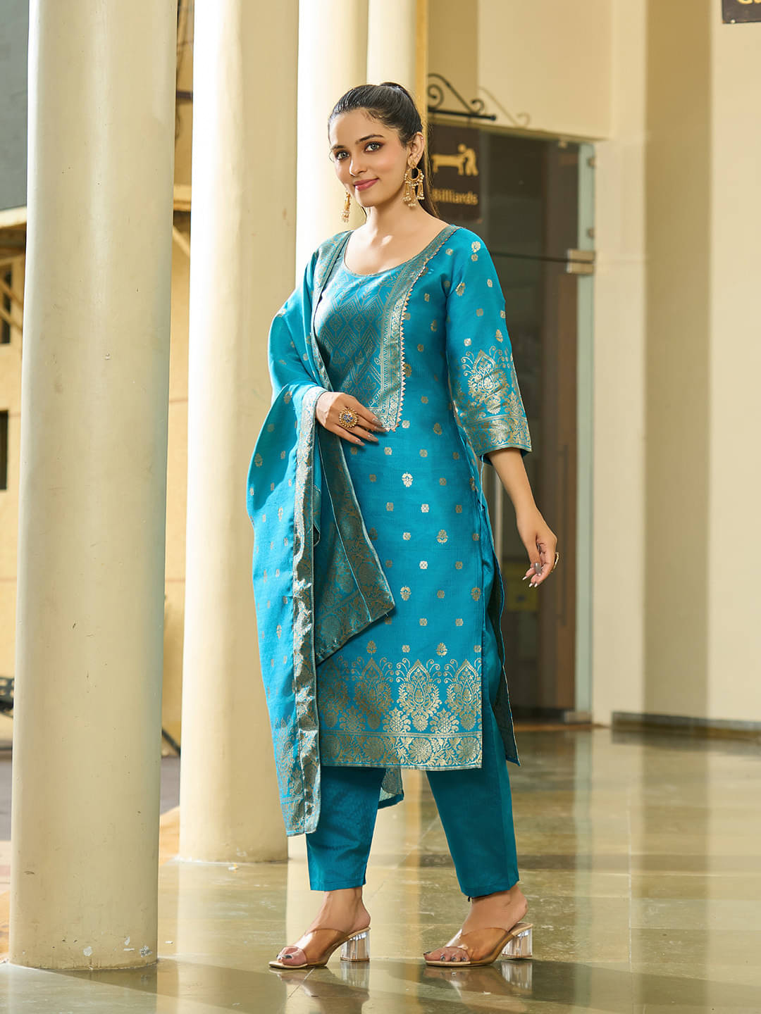 Trijal Fab Silk Blend Self Design Kurti With Pants Women's Stitched Salwar Suit - Light Blue ( Pack of 1 ) Trijal Fab Silk Blend Self Design Kurti With Pants Women's Stitched Salwar Suit - Light Blue ( Pack of 1 )