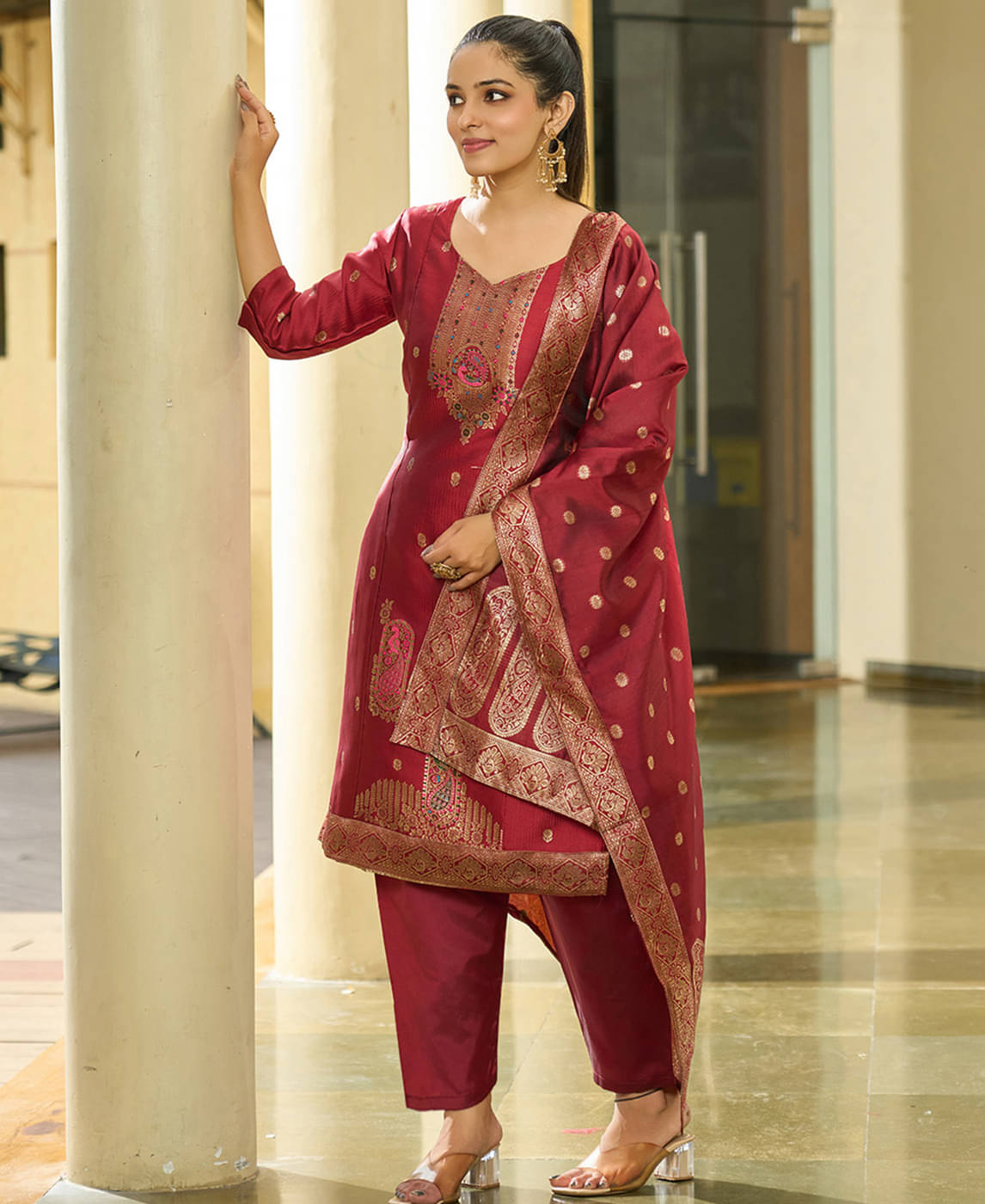     			Trijal Fab Silk Blend Self Design Kurti With Pants Women's Stitched Salwar Suit - Maroon ( Pack of 1 )