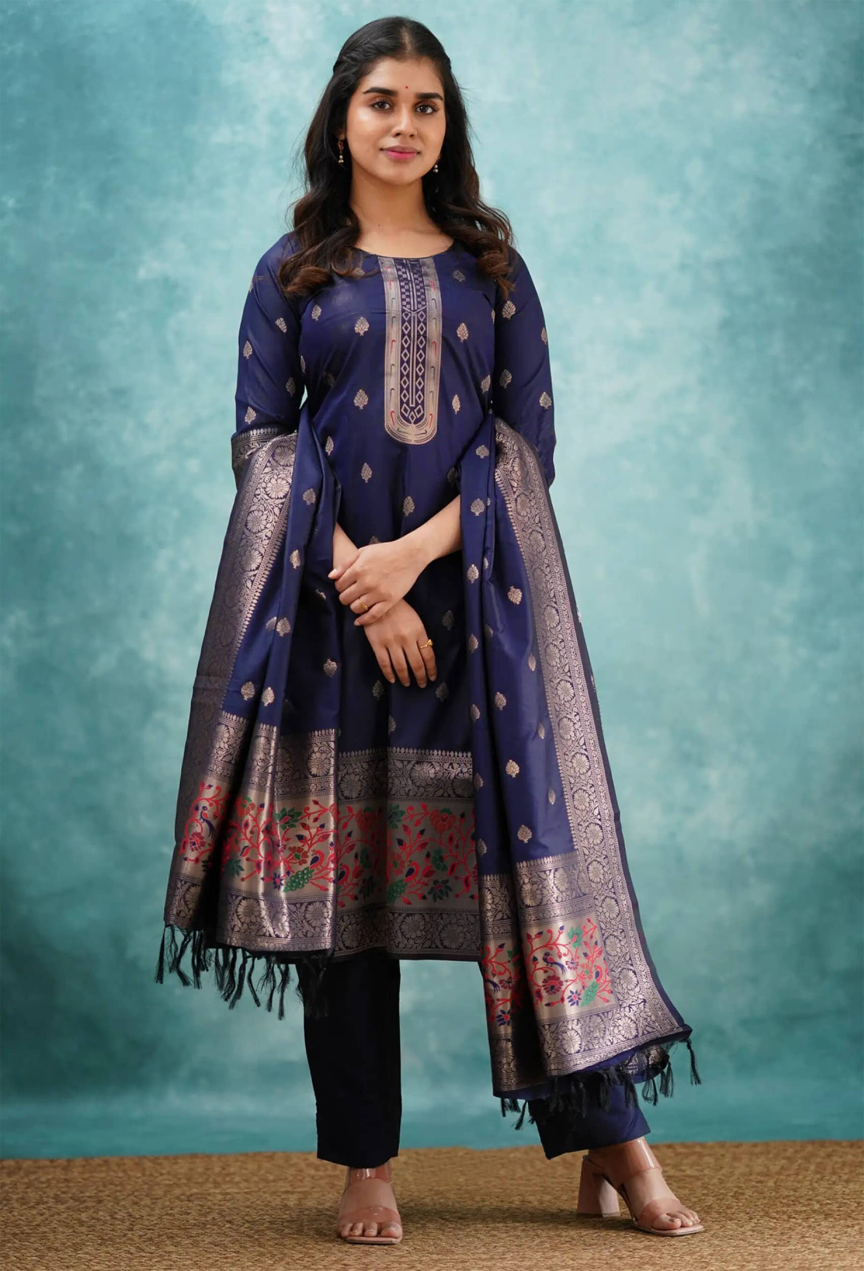 Trijal Fab Silk Blend Self Design Kurti With Pants Women's Stitched Salwar Suit - Blue ( Pack of 1 )