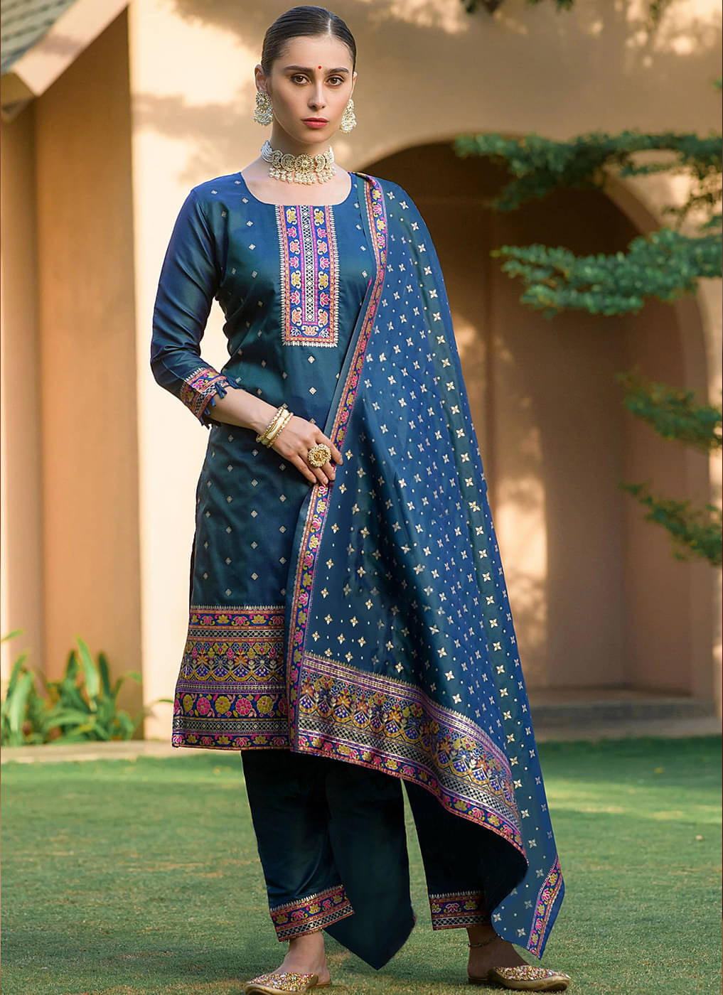 Trijal Fab Silk Blend Self Design Kurti With Pants Women's Stitched Salwar Suit - Blue ( Pack of 1 ) Trijal Fab Silk Blend Self Design Kurti With Pants Women's Stitched Salwar Suit - Blue ( Pack of 1 )