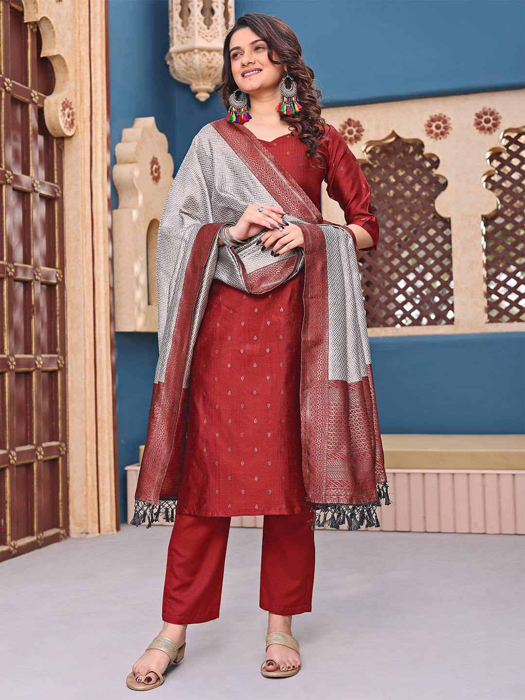 Trijal Fab Silk Blend Self Design Kurti With Pants Women's Stitched Salwar Suit - Maroon ( Pack of 1 ) Trijal Fab Silk Blend Self Design Kurti With Pants Women's Stitched Salwar Suit - Maroon ( Pack of 1 )