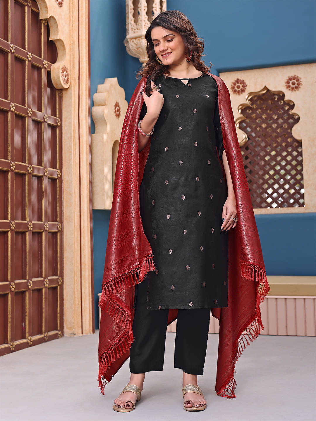 Trijal Fab Silk Blend Self Design Kurti With Pants Women's Stitched Salwar Suit - Black ( Pack of 1 ) Trijal Fab Silk Blend Self Design Kurti With Pants Women's Stitched Salwar Suit - Black ( Pack of 1 )