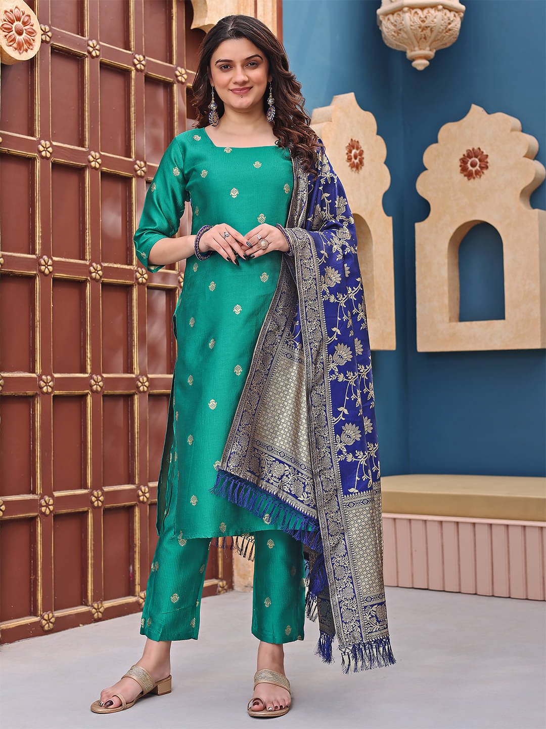 Trijal Fab Silk Blend Self Design Kurti With Pants Women's Stitched Salwar Suit - Teal ( Pack of 1 ) Trijal Fab Silk Blend Self Design Kurti With Pants Women's Stitched Salwar Suit - Teal ( Pack of 1 )